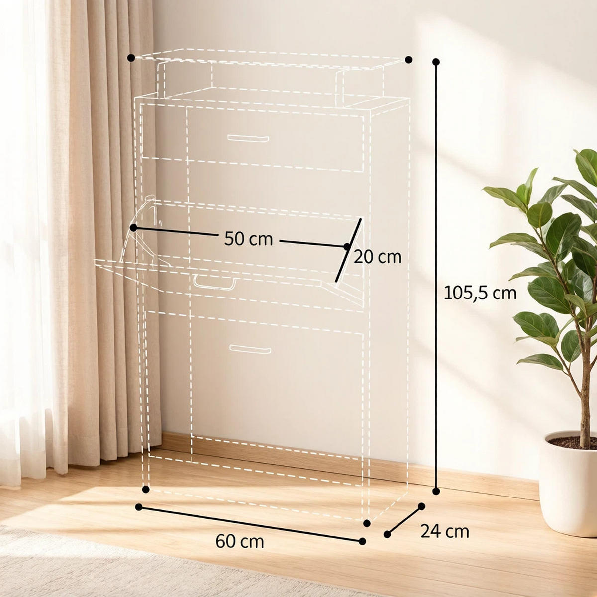 SCHUHKIPPER DE-38077 60/24/105,5 cm mit 2 Klapptüren und Glasregal Helle Eiche/Weiß - Eichefarben/Weiß, Holzwerkstoff (60/105/24cm) - ComfortXL