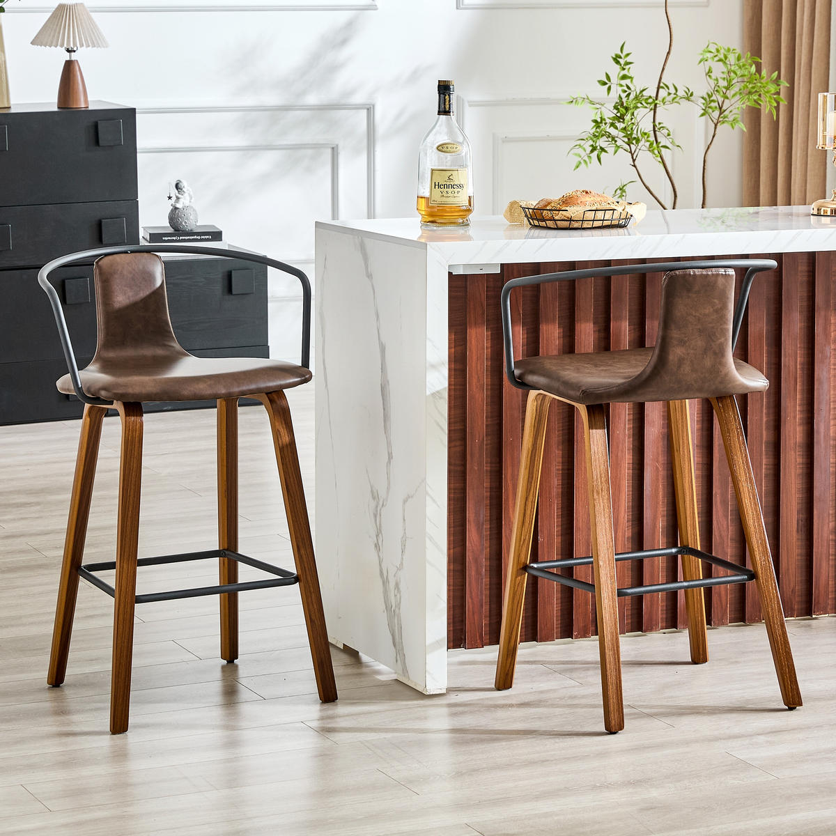 BARHOCKER Braun 2er-Set mit Armlehne und Holzbeinen - Braun, Holz (54.7/88/44cm) - PANGIVO