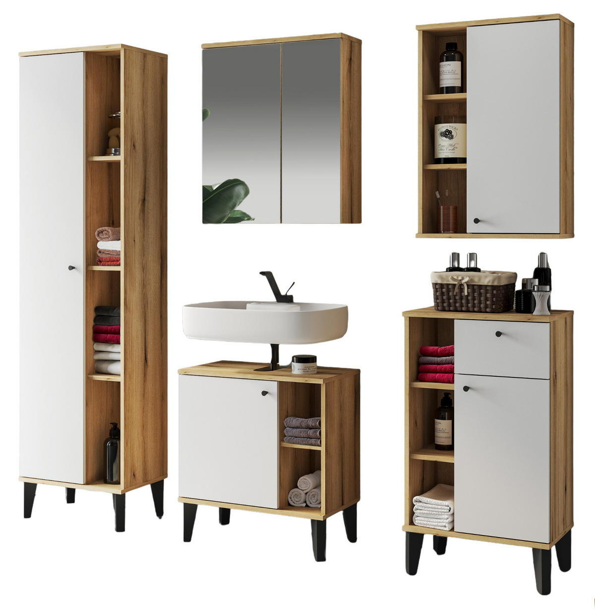 BADMÖBEL-SET 5-teilig weiß, Evoke Eiche, Badkombination 182 x 190 cm - Eichefarben/Schwarz, Glas/Holzwerkstoff (182/190/33cm) - Furn.Design