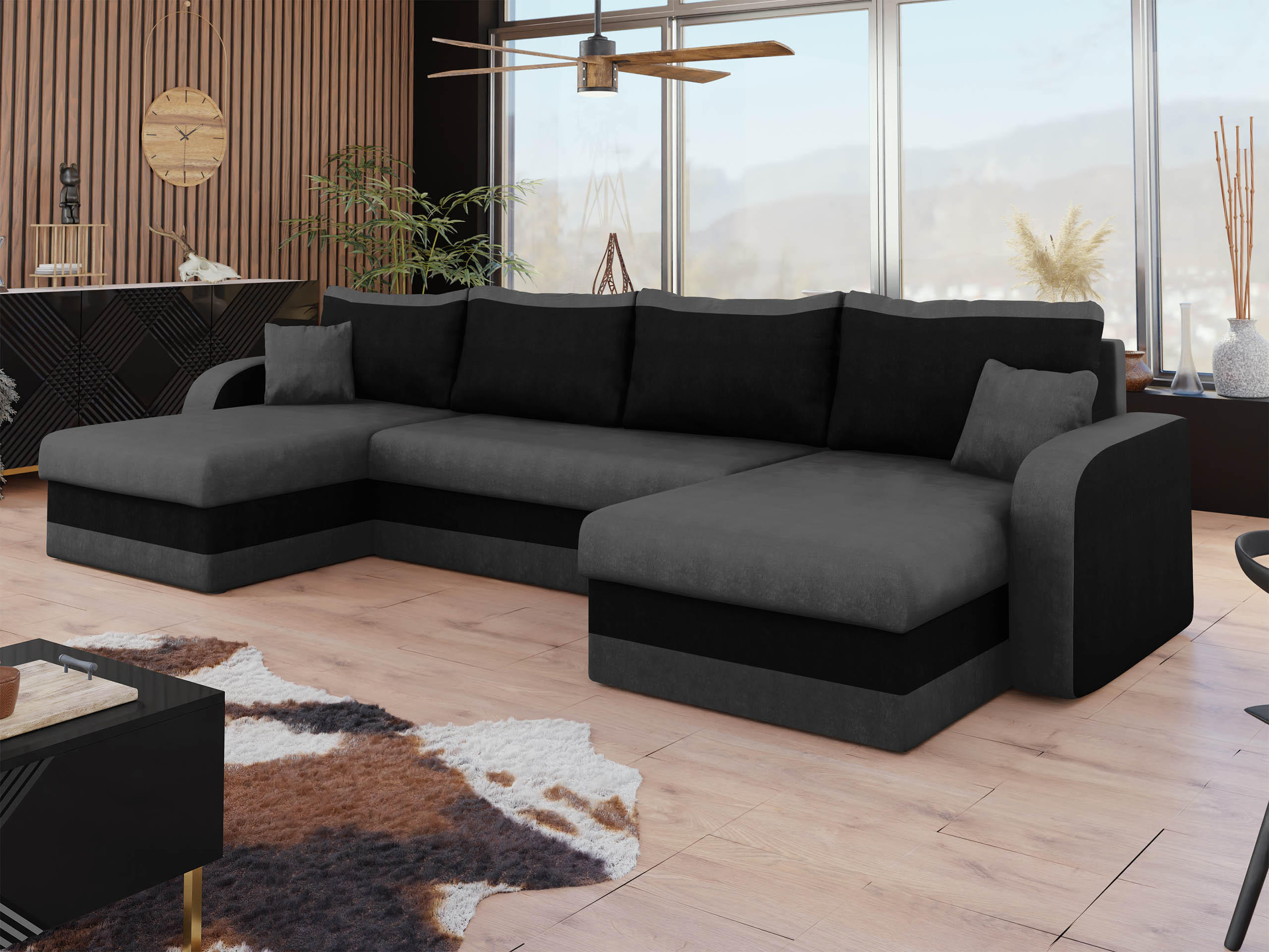 ECKSOFA Kris U - Schwarz/Grau, Holz/Kunststoff (304/80/140cm) - MIRJAN24