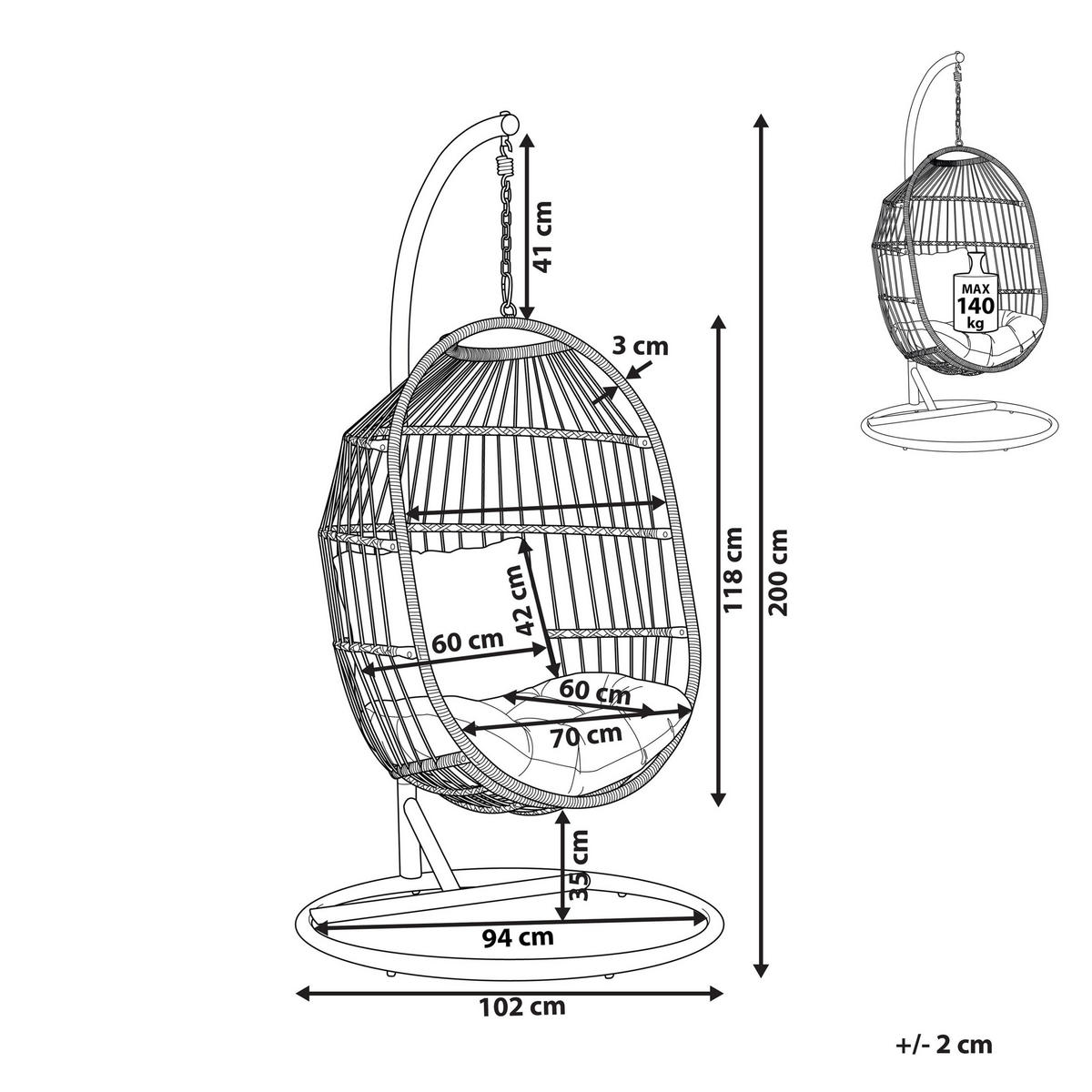 HÄNGESESSEL mit Gestell PE Rattan/Flechtseil natürlich 102 cm Alba - Beige, Kunststoff (102/200/102cm) - Beliani