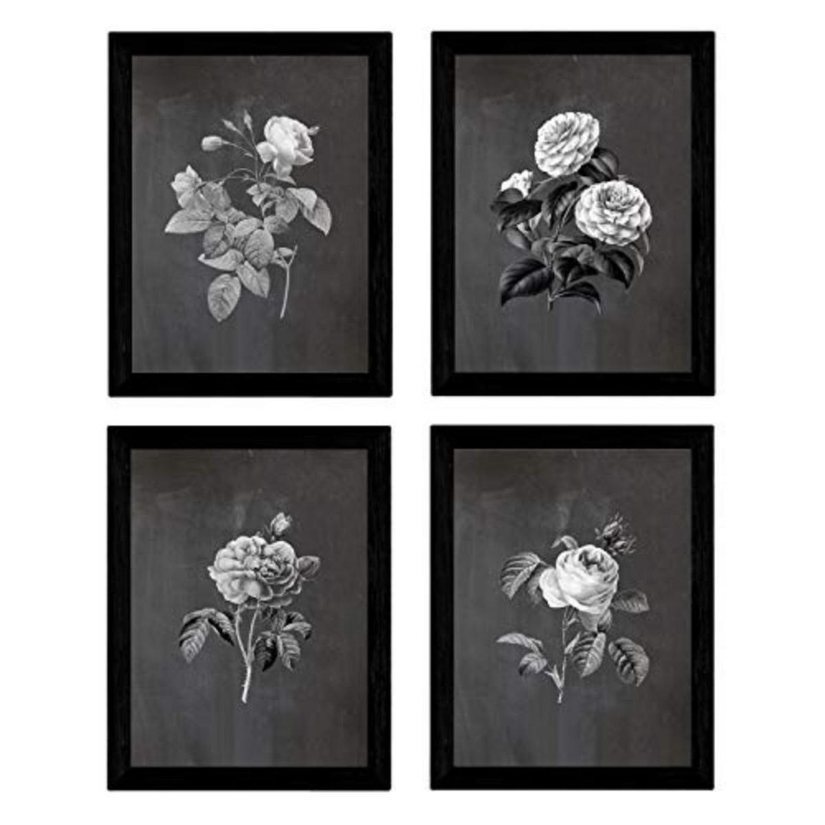 POSTER Set mit 4 Botanische Schwarz Hintergrund Rosa Blumen A3 Rahmenlos - Klar, Papier (29.7/3cm) - Nacnic