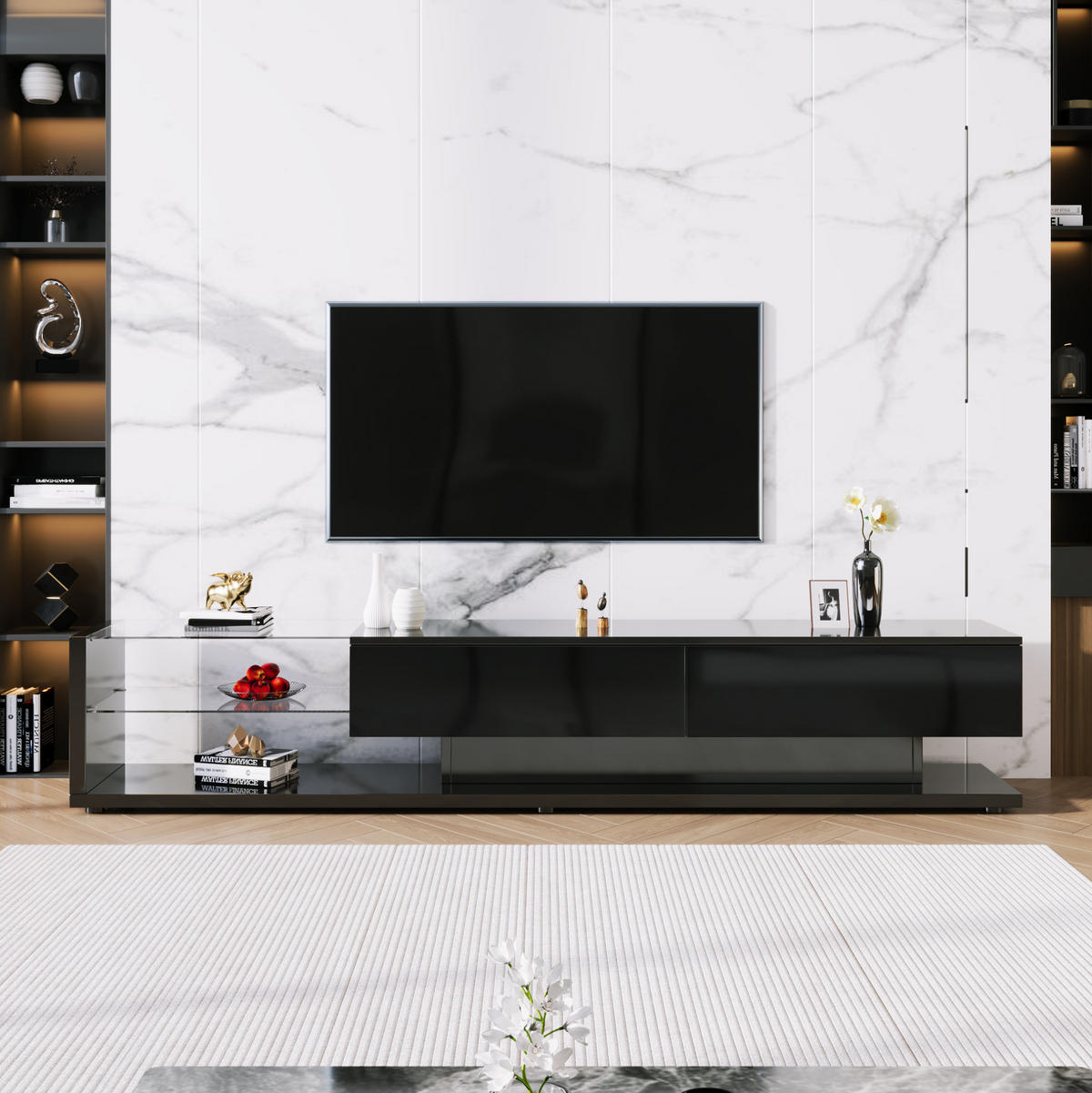 TV-ELEMENT mit LED und Glasregalen 170 cm Schwarz Hochglanz - Schwarz, Holzwerkstoff (36/38/170cm) - Beauniv