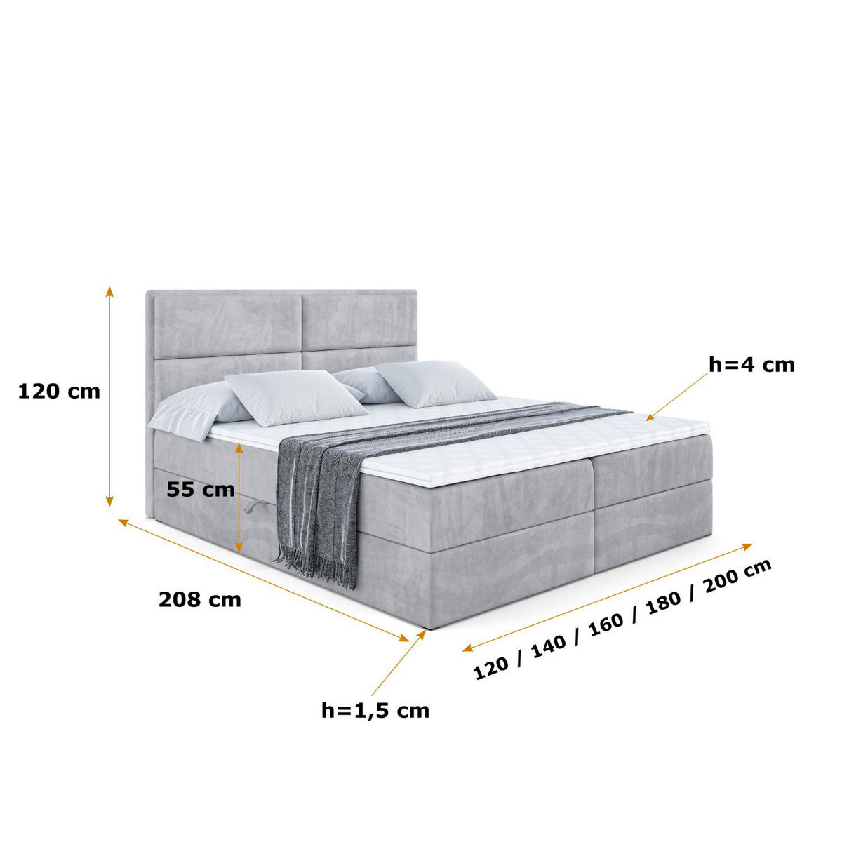 BOXBETT mit Matratze H4 und Lattenrost - AURA - 160x200 - H4 - Hellgrau - Hellgrau, Holzwerkstoff (160/200cm) - ALTDECOR