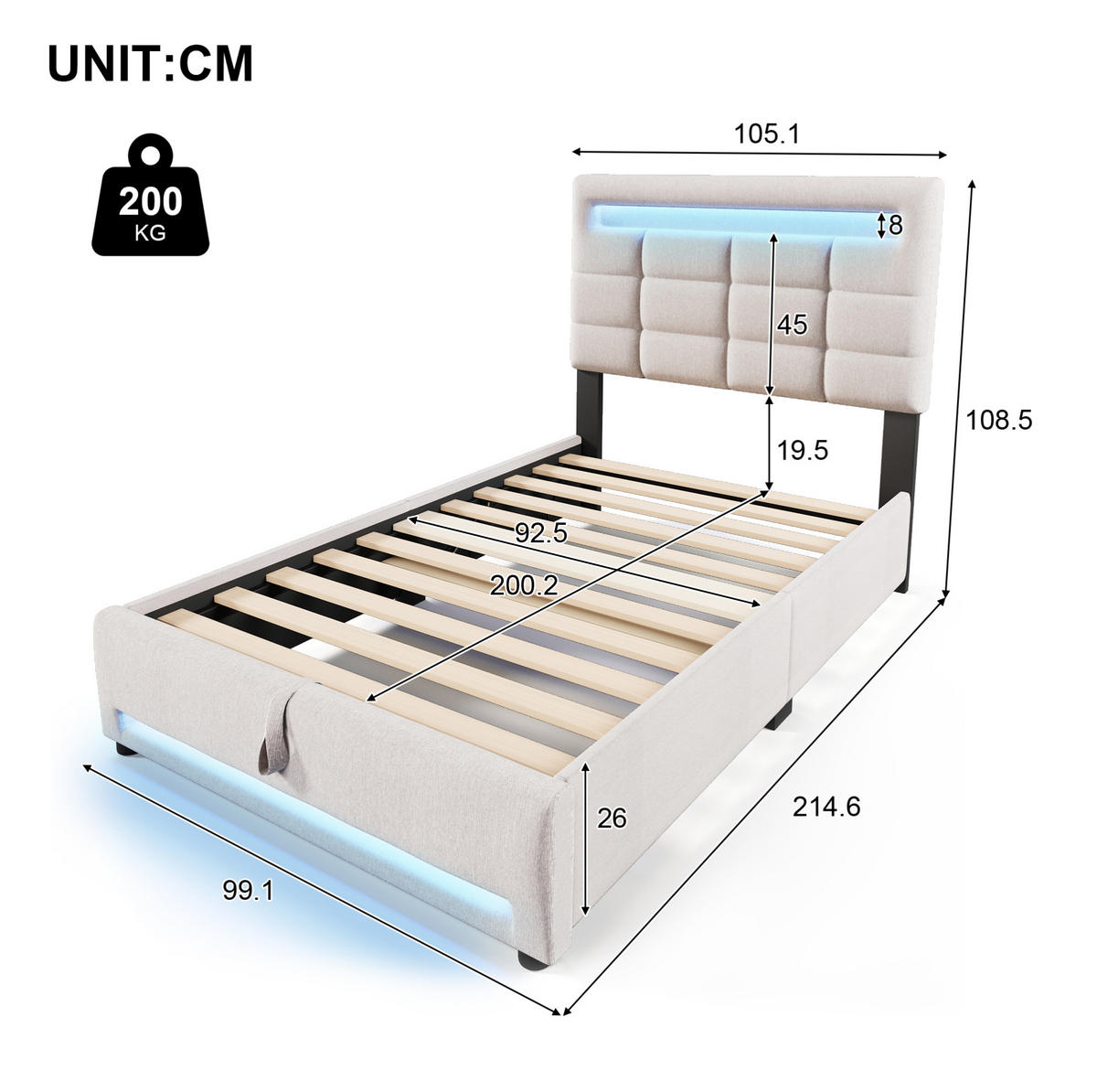 ČALÚNENÁ posteľ z ľanu a MDF 90x200 cm béžová s APP ovládaním, LED osvetlením, USB a hydraulickým úložným priestorom - béžová, textil (90/200cm) - Modfu