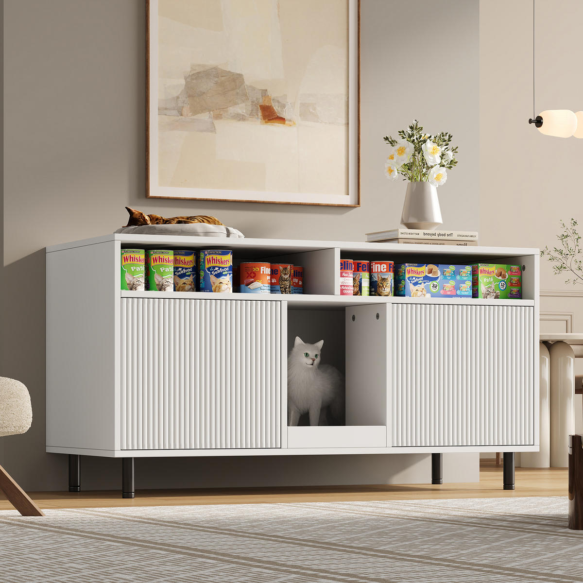 SIDEBOARD Weiß aus MDF 120×50×66cm als Katzentoiletten-Schrank mit Sandauffangmatte und Ablagefächern - Weiß, Holzwerkstoff (50/66/120cm) - Luhomfu