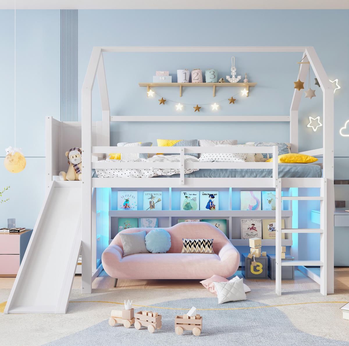 HOCHBETT 90/200 cm Weiß mit LED, Rutsche und Stauraum ohne Matratze - Weiß, Holz (90/200cm) - MIVRAY