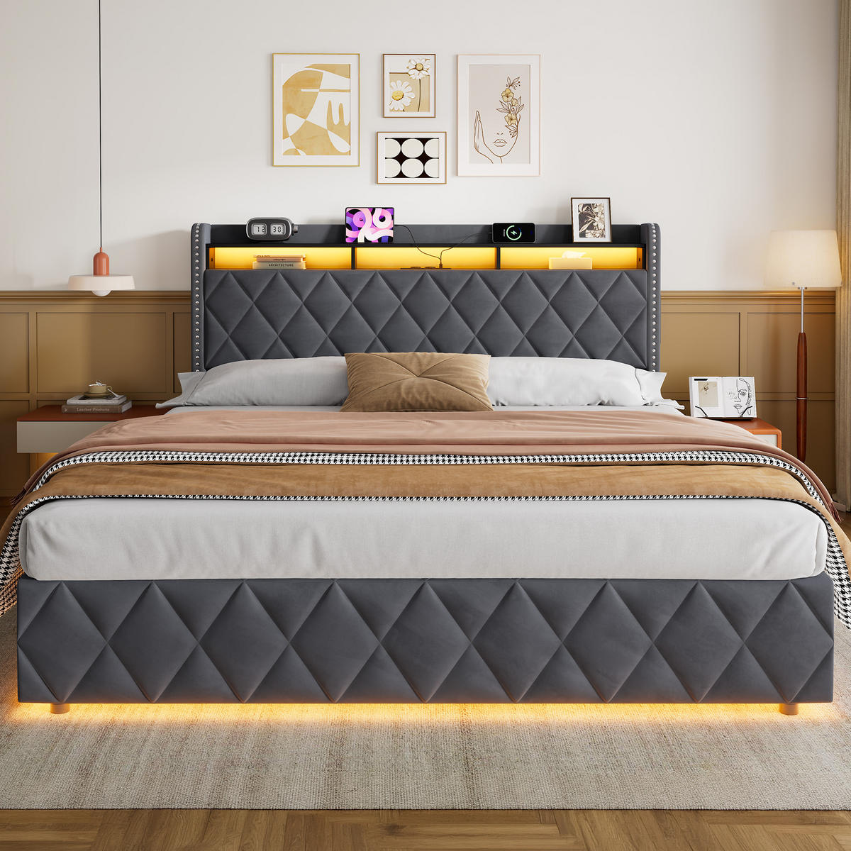 POLSTERBETT 180×200 mit LED-Beleuchtung, Bettkasten und Matratze - Grau, Holzwerkstoff/Textil (180/200cm) - EVRYAE
