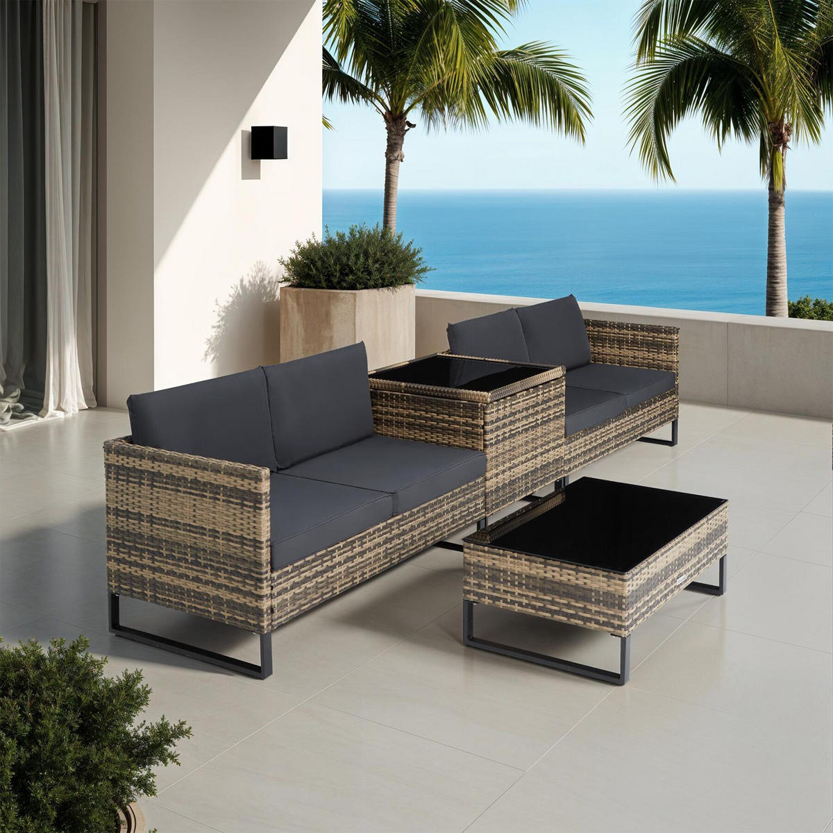 RATTANLOUNGE Ostuni,mit Sicherheitsglasplatte,natur - Naturfarben, Kunststoff - tectake