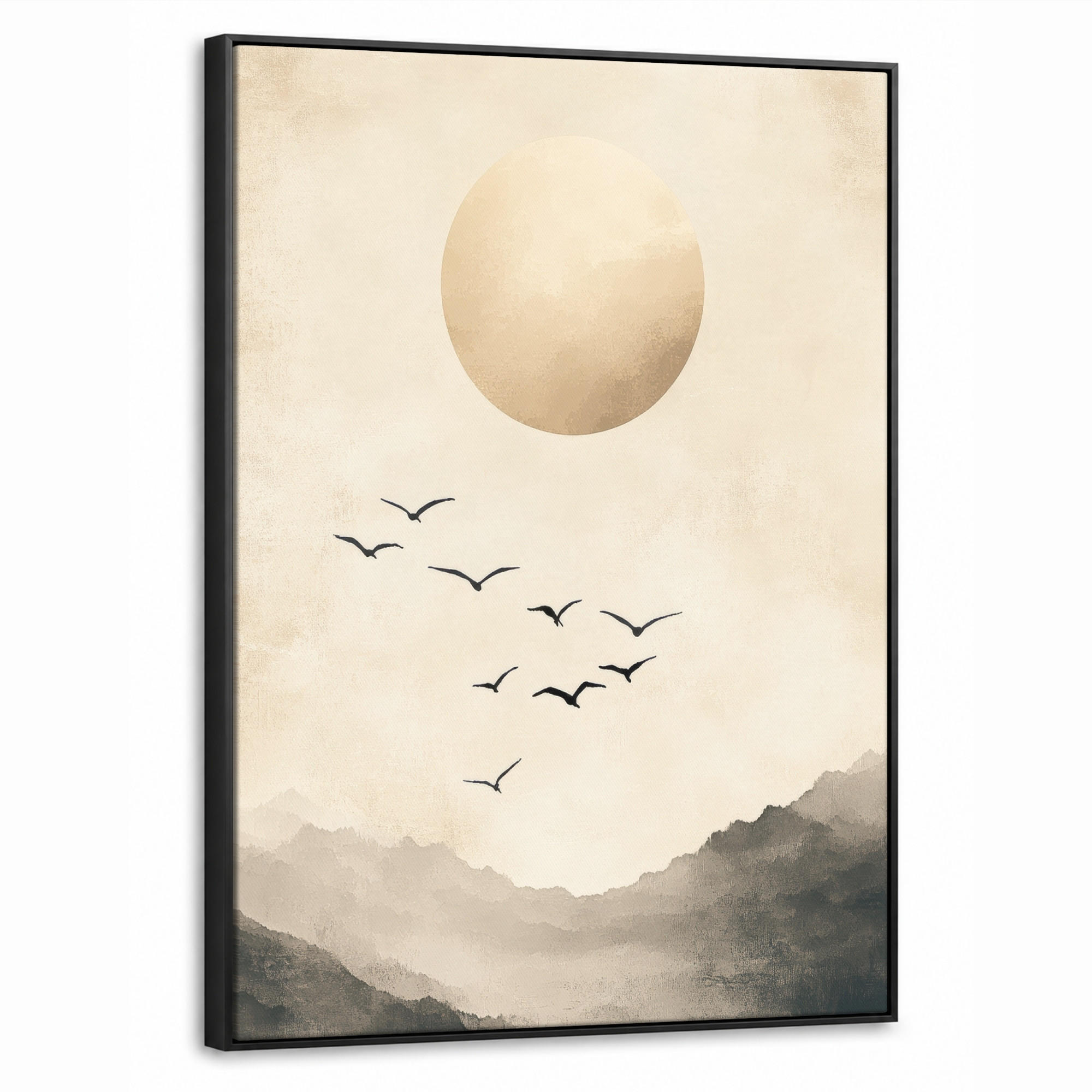 LEINWAND Bilder mit Rahmen - Landschaft - Japandi - Vogel - 50x70 - Beige, Textil (50/70cm) - MuchoWow