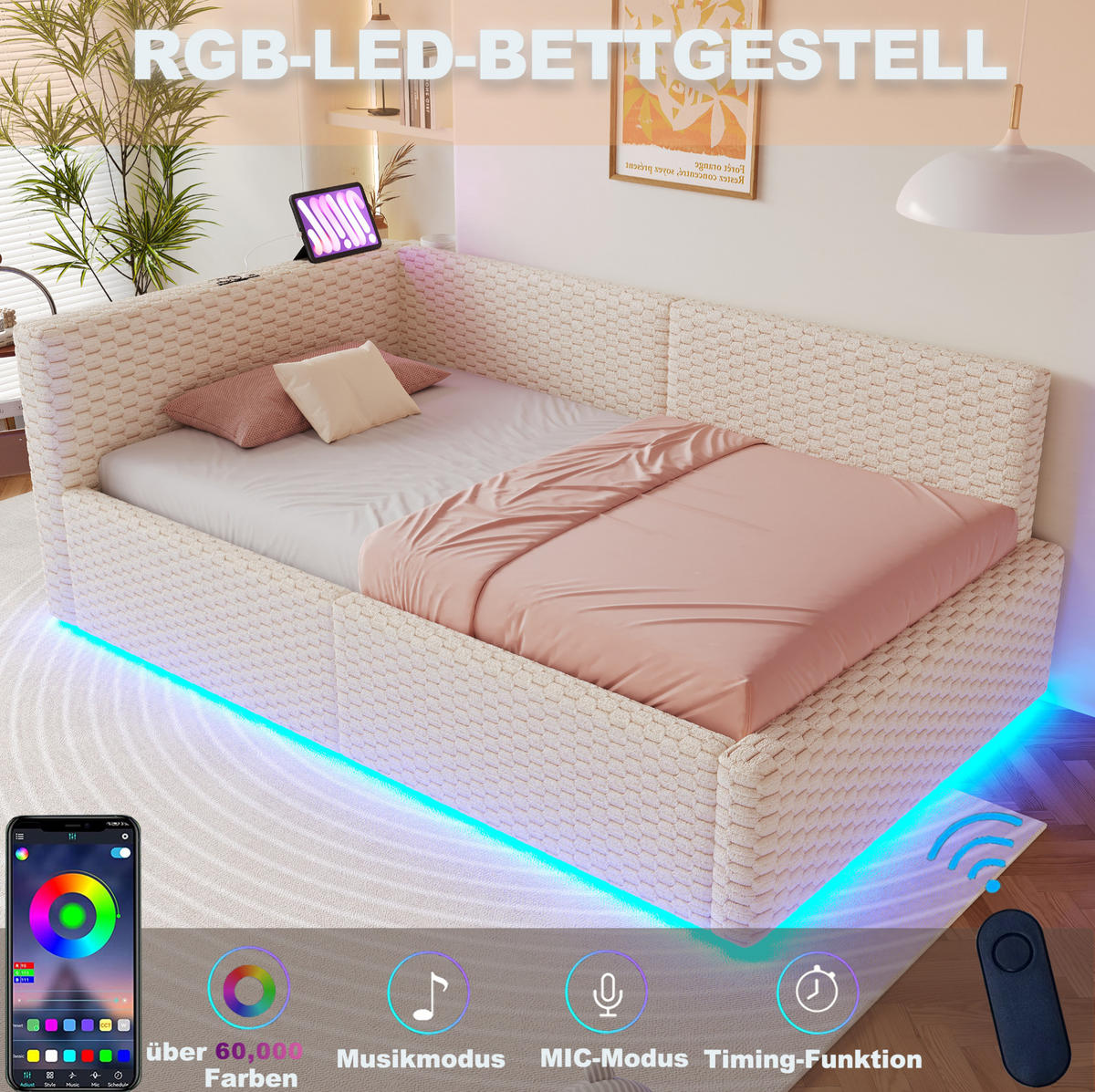 POLSTERBETT 90/200 cm beige aus Samt mit LED, USB-C und Stauraum - Beige, Holzwerkstoff (90/200cm) - OKWISH
