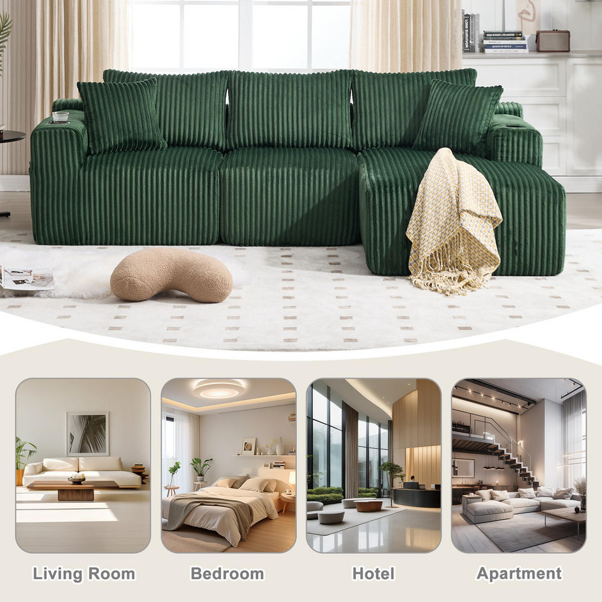 ECKSOFA Cordstoff 257 x 160 cm mit Getränkehalter - Smaragdgrün, Textil (160/257cm) - Raelunyi