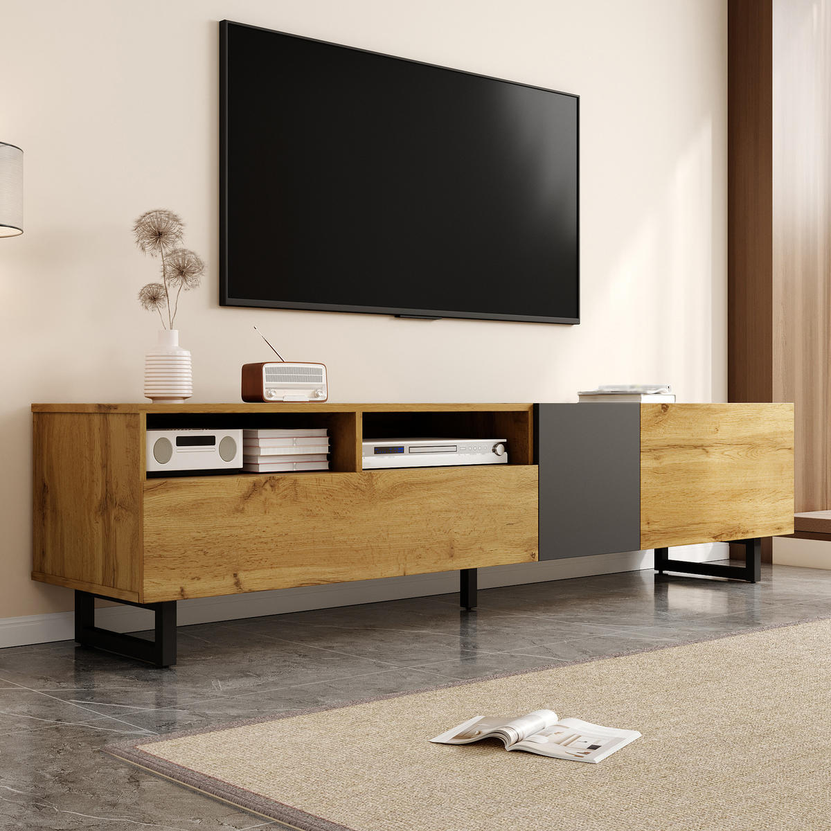 TV-SCHRANK 170/42/36,5 cm Holz/Grau mit 3 Türen und 2 Fächern - Dunkelgrau, Holzwerkstoff/Metall (170/42/36.5cm) - Oxeza