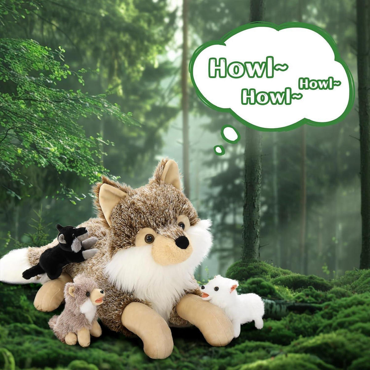 PLÜSCHTIER Wolf mit 3 Babys 50 cm Kaki-weiß - Multicolor, Textil (35/50cm)