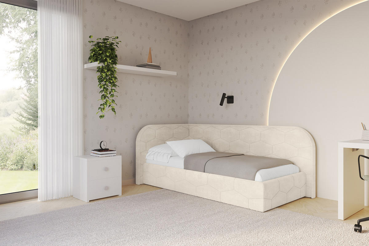 EINZELLBETT Jugendbett mit Bettkasten und Matratze H3/H4, Rechts - JAXY 90x200 Beige - Naturfarben, Holzwerkstoff/Textil (90/200cm) - ALTDECOR