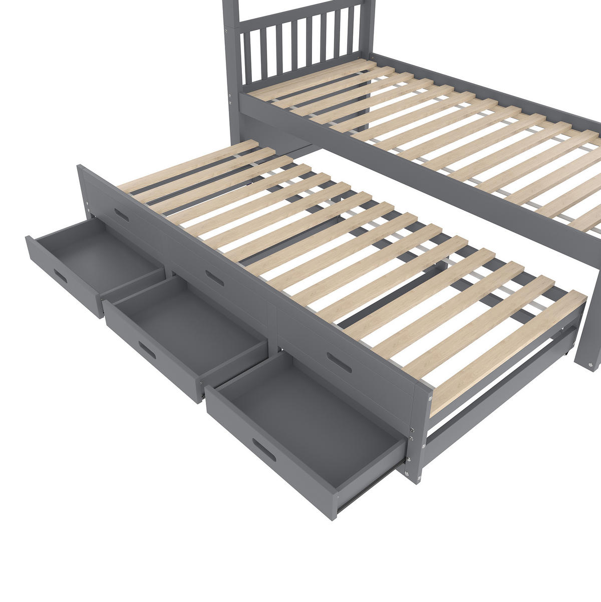 ETAGENBETT aus Kiefernholz 90x200 cm in Grau mit Ausziehbett & 3 Schubladen - Grau, Holz (90/200cm) - Modfu