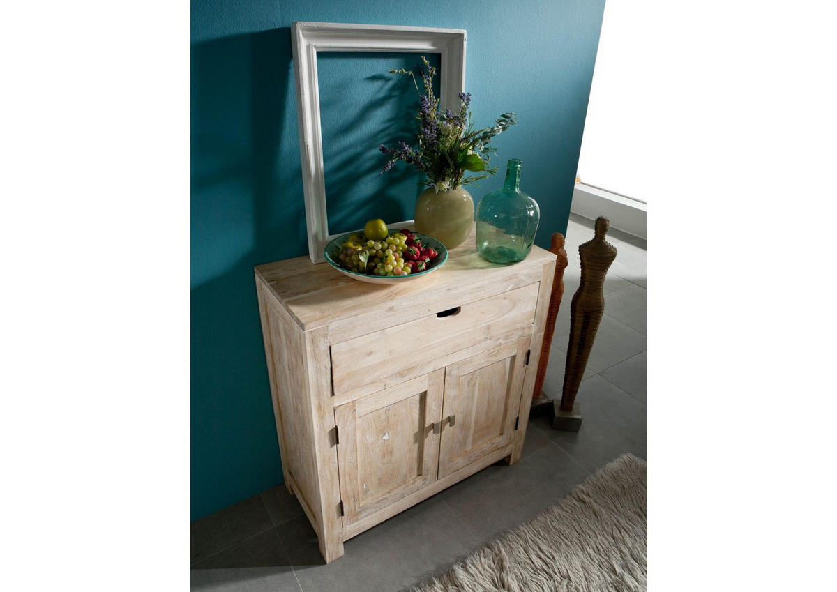 KOMMODE Akazie 90x40x95 white stone getüncht NATURE WHITE #81 - Beige, Holz (90/95/40cm) - Massivmoebel24