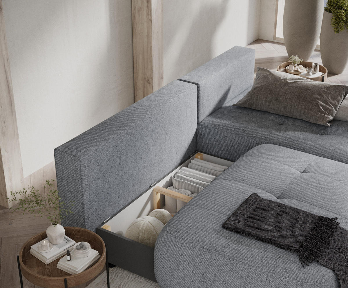ECKSOFA MIT SCHLAFFUNKTION Batu Grau Webstoff - Schwarz/Grau, Holz/Holzwerkstoff (223/158cm) - Maison de Reve