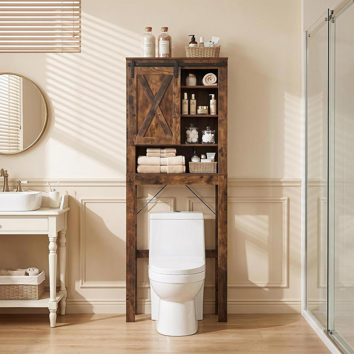 TOILETTENSCHRANK mit Schiebetür braun - Braun, Holzwerkstoff (67/169/25cm) - COSTWAY