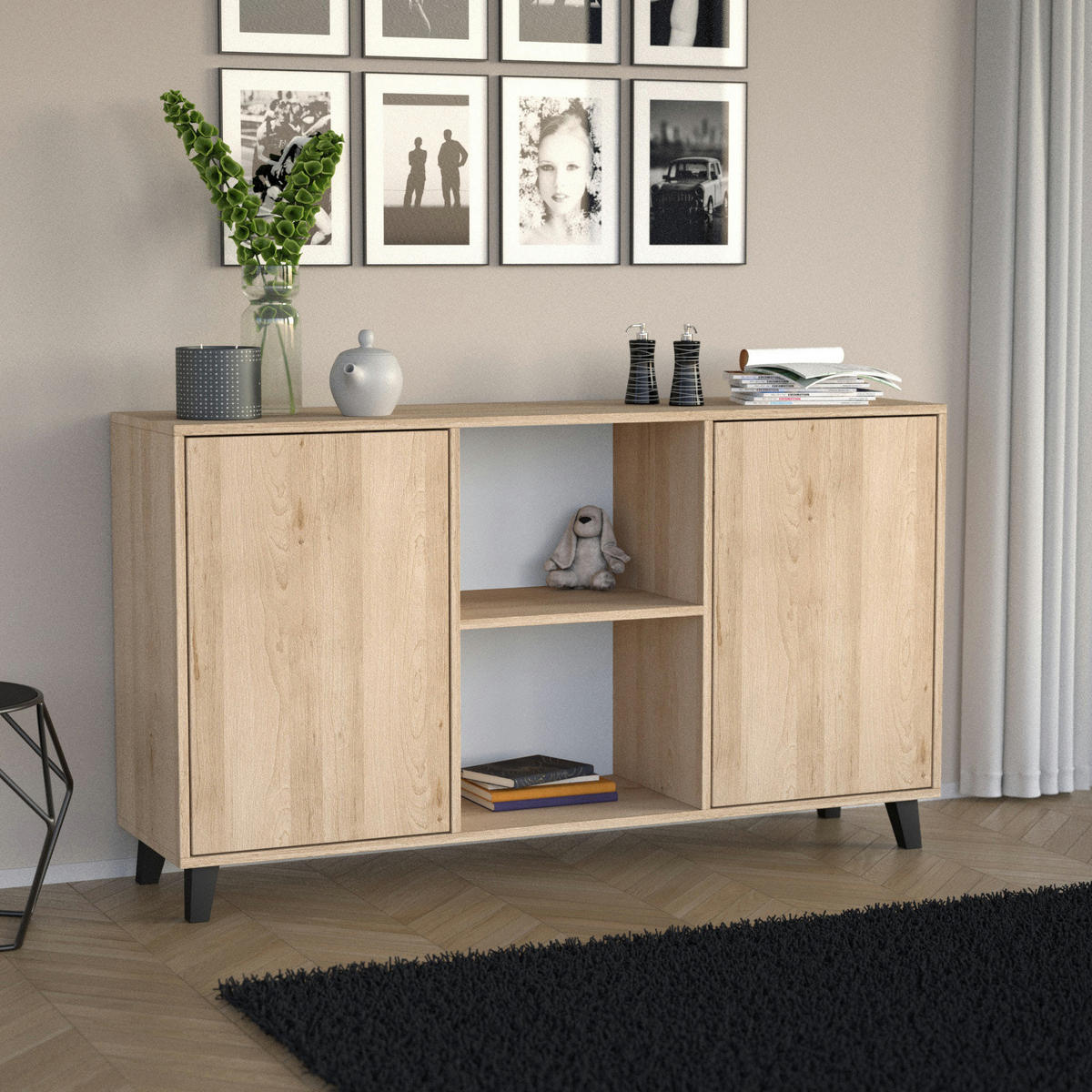 KOMMODE Home mit 2 Türen, ohne Griffe, eiche Artisan - Schwarz/Eiche Artisan, Holzwerkstoff (150/85/40cm) - Beautysofa