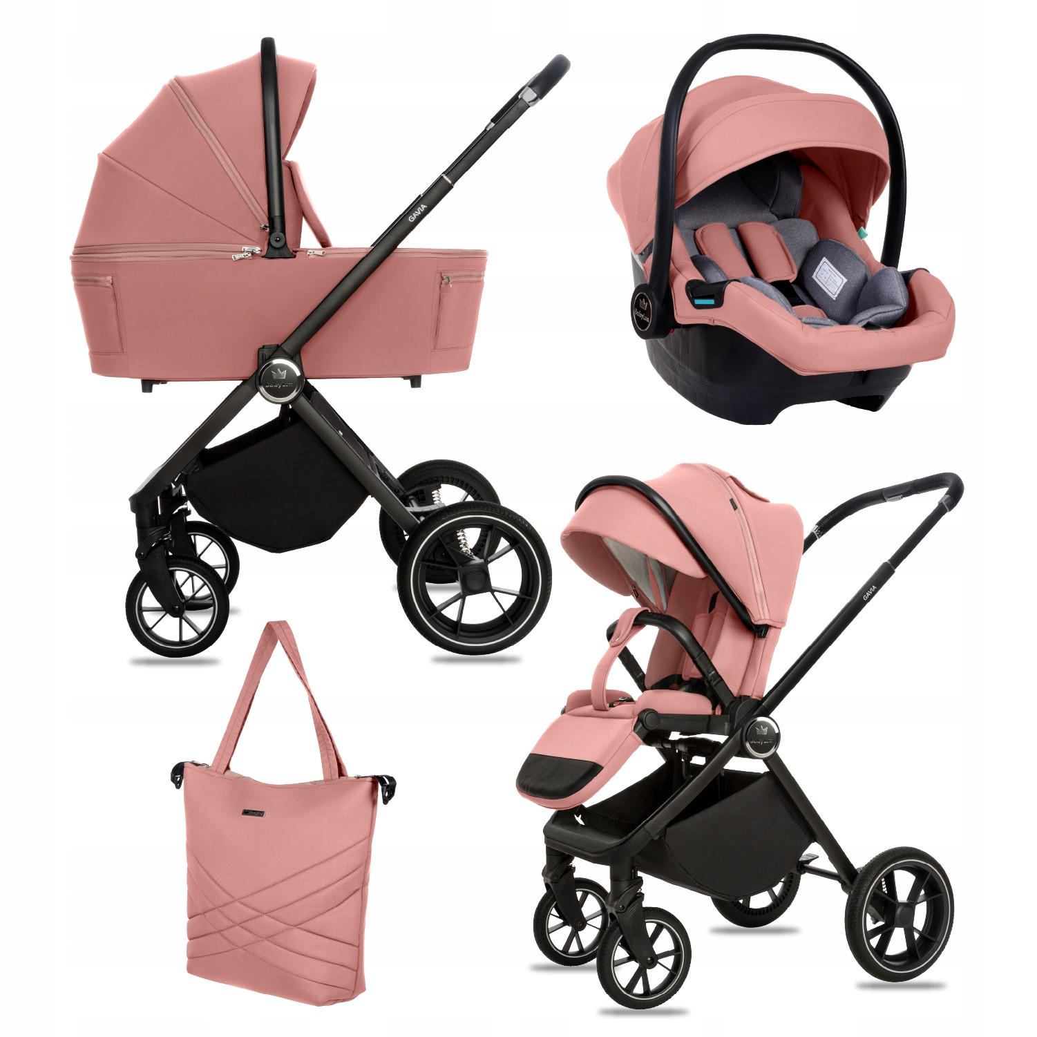 KINDERWAGEN Gavia 3in1 Olive Babywanne, Buggy Sportsitz, Babyschale I-Size - Schwarz/Rosa, Textil/Metall (58/99cm) - BabyLux