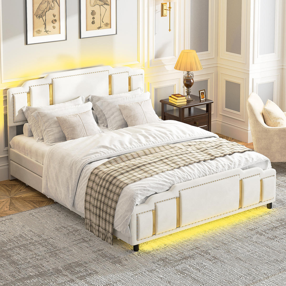 POLSTERBETT 140/200 cm aus Samt mit LED-Beleuchtung und 4 Schubladen Beige - Beige, Textil (140/200cm) - Modenvie