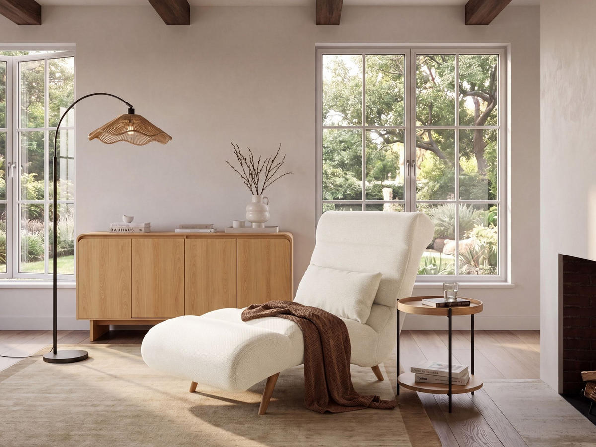 ČALOUNĚNÉ LEHÁTKO CHAISE LONGUE Látka Krémově bílé Rives - bílá/krémová, textil (78/97/160cm) - Beliani
