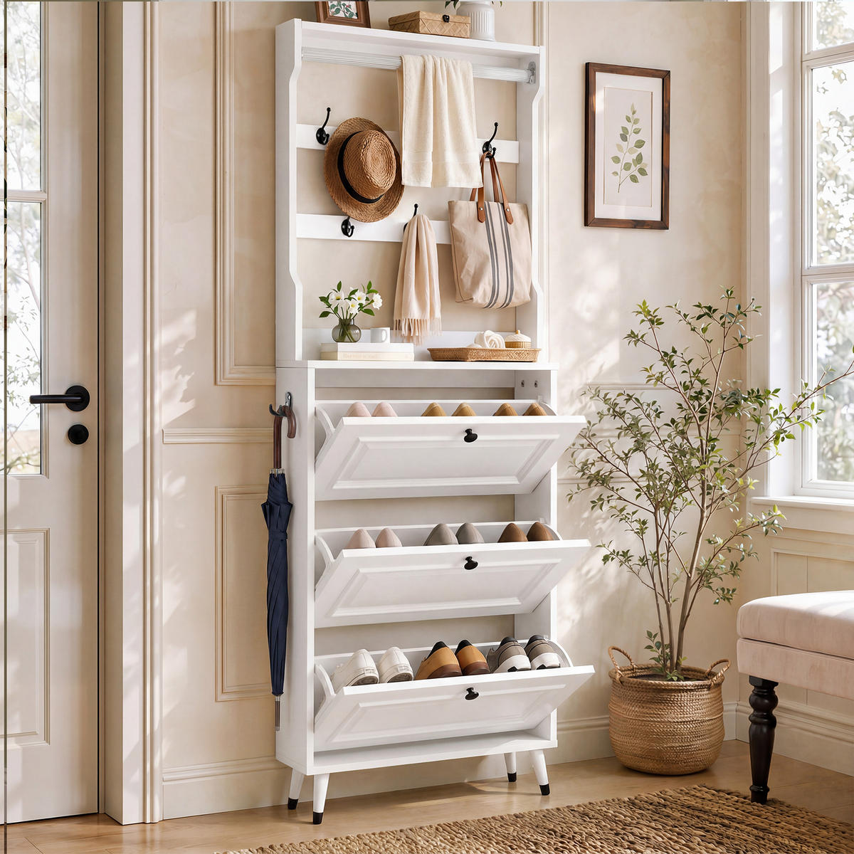 GARDEROBE mit Schuhschrank, Haken und Stauraum für den Eingangsbereich - Weiß, Holzwerkstoff (17/180/66cm) - Korfee