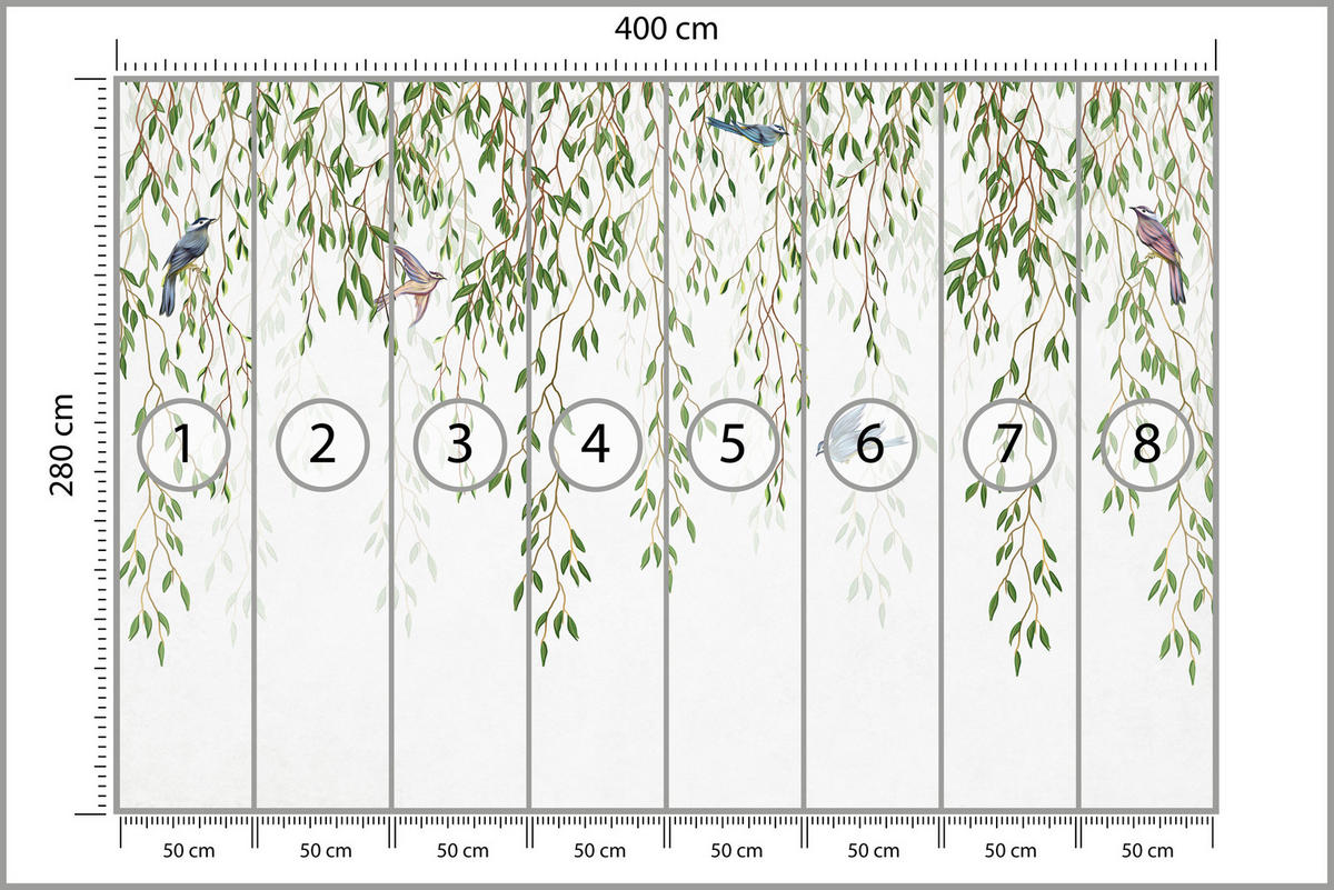 FOTOTAPETE für Schlafzimmer Trauerweide Äste Vögel Frühling Blätter 400x280 - Blau/Beige, Papier (400/280cm) - Muralo