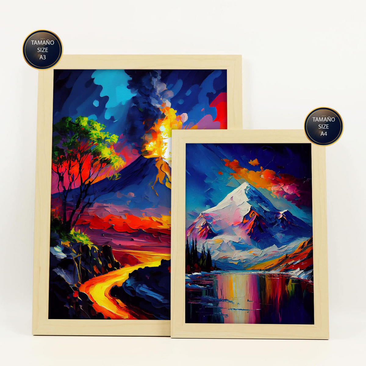 POSTER Set Mit 6 Wasser & Feuer Im Ölgemälde A3 & A4 Rahmen Aus Hellem Holz - Beige, Papier (29/3cm) - Nacnic