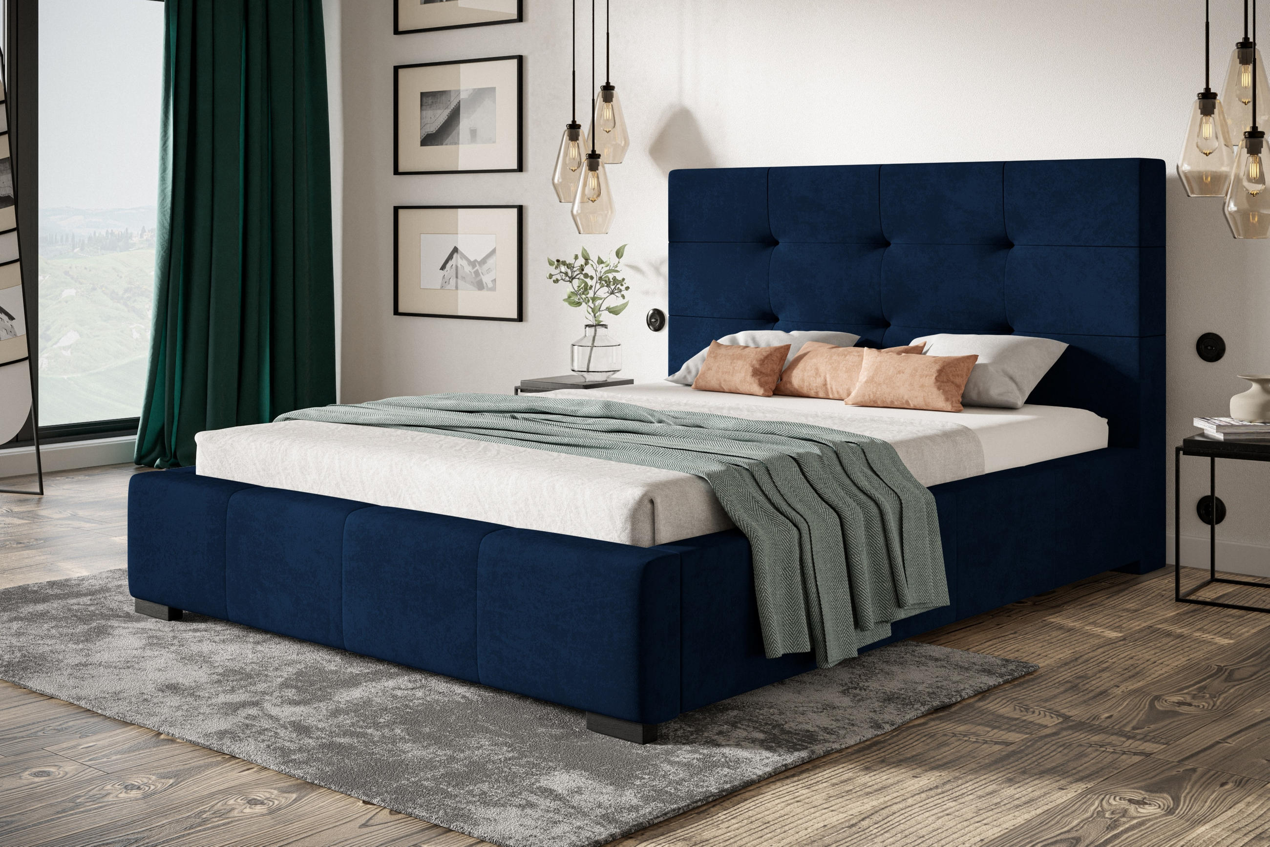 POLSTERBETT Oslo, 160x200 cm, mit Bettkasten und Lattenrost aus Holz, Velourstoff, Farbe: Dunkelblau - Dunkelblau, Holz/Kunststoff (160/200cm) - Alpi-Möbel