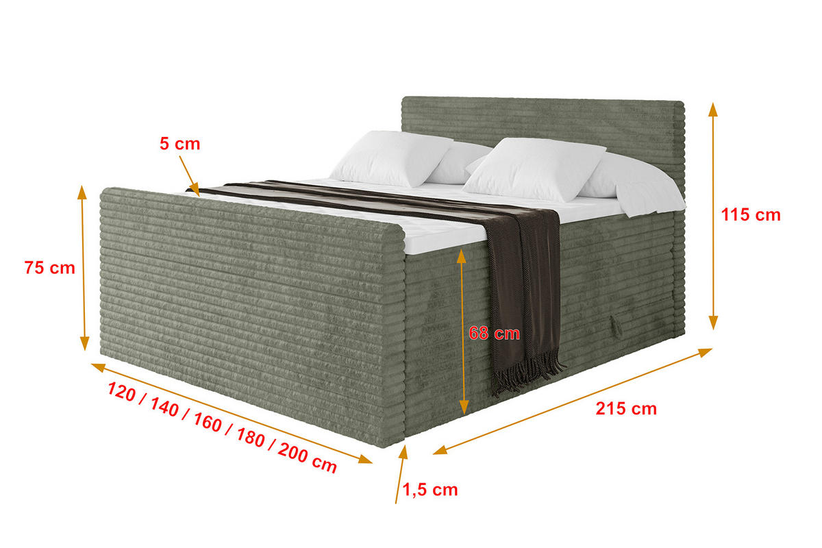 BOXSPRINGBETT mit Matratze H3|H4 und Lattenrost - TOLO-Z KING-v1 200x200 Cord - Olive - Olivgrün, Holzwerkstoff (200/200cm)