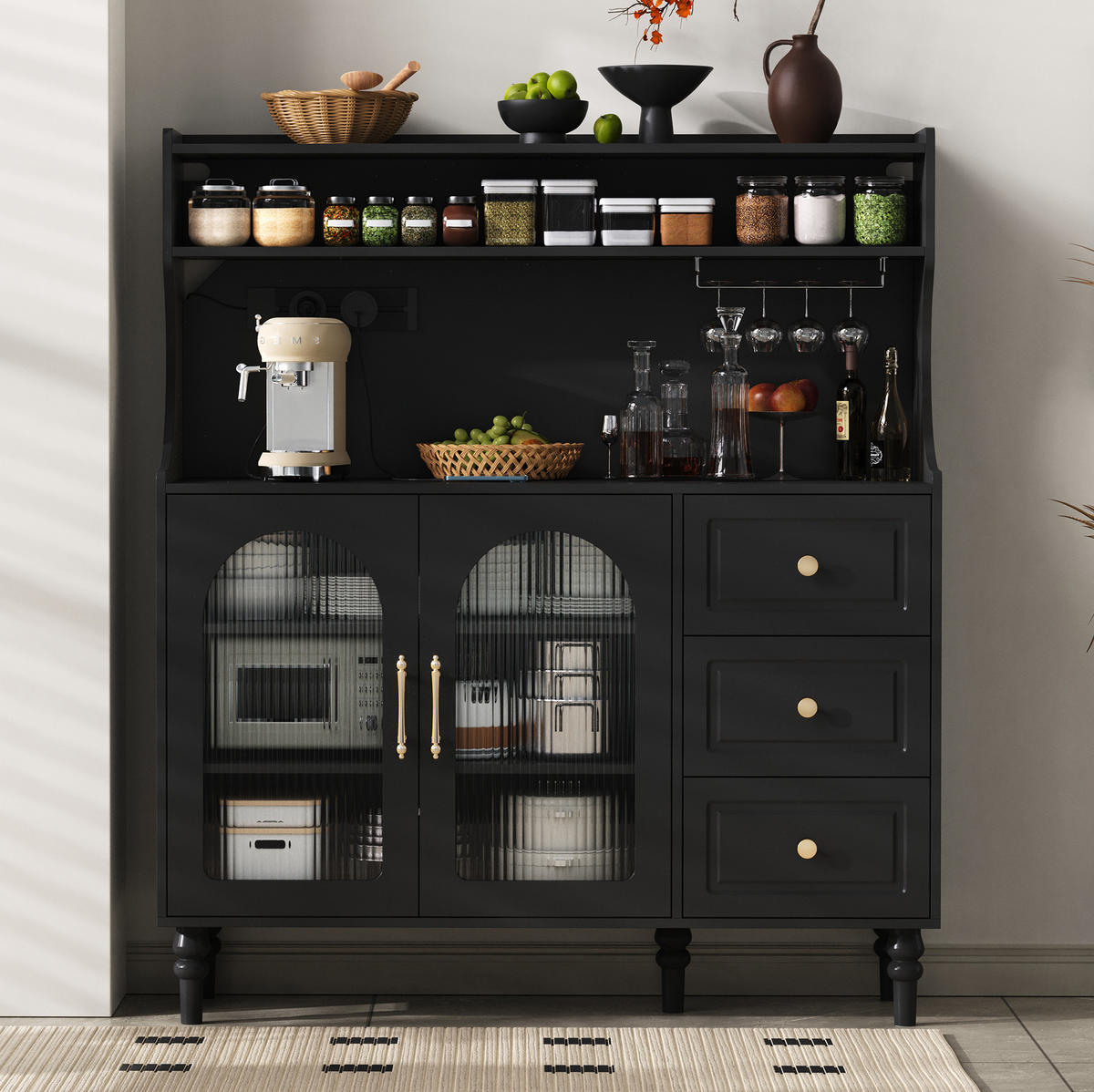 BUFFET 120x40x138.5 cm Schwarz mit Fluted Glas & Ladestation - Schwarz, Holzwerkstoff (120/138.5/40cm) - Modfu