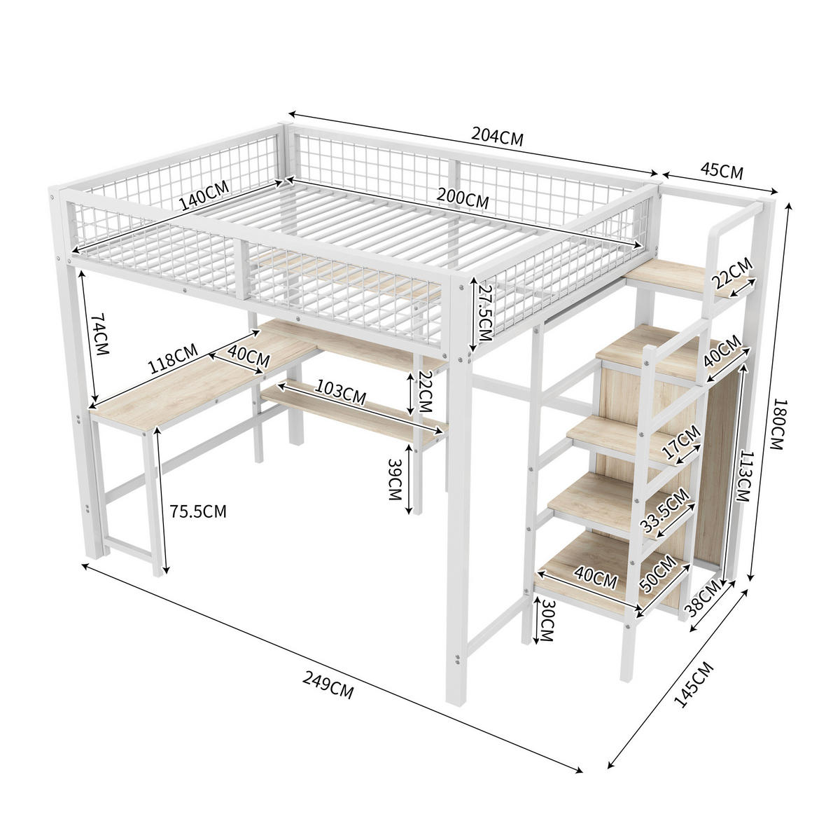 HOCHBETT aus Metall und MDF 140x200 cm Weiß mit Schreibtisch, Regalen und Kleiderschrank - Weiß, Metall (140/200cm) - IVMEU