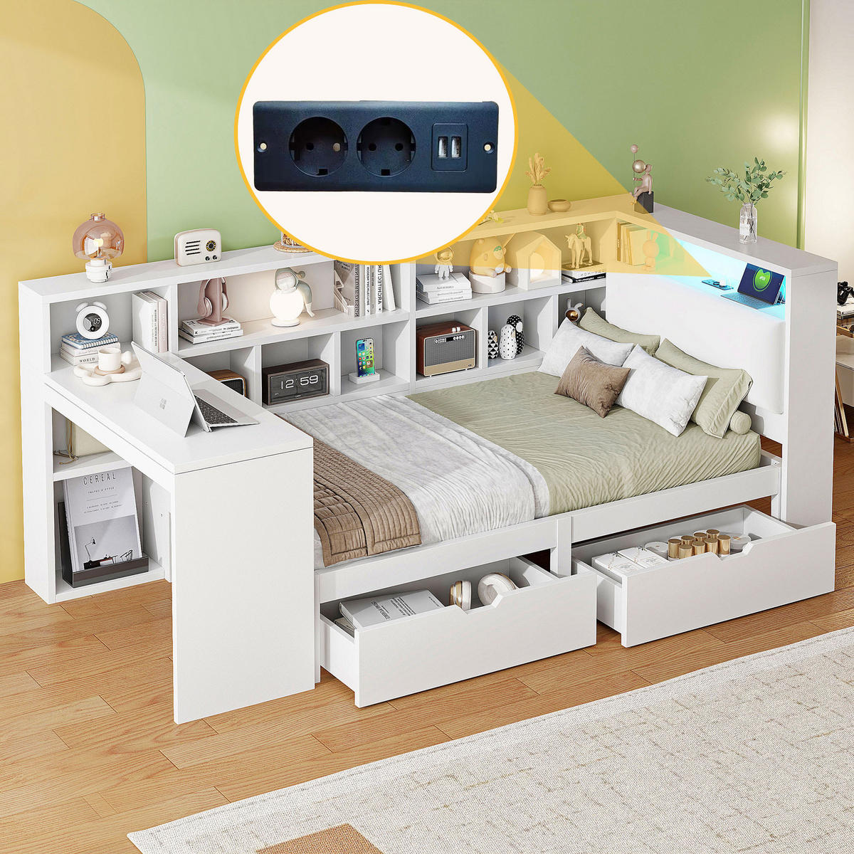 MULTIFUNKTIONSBETT 90/200 cm Weiß L-förmiges Bett mit Schreibtisch Bücherregal und LED-Beleuchtung - Weiß, Holzwerkstoff (90/200cm) - OKWISH