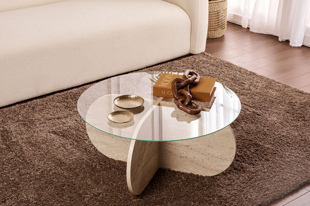 COUCHTISCH Aeris Travertin/Transparent - Transparent/Beige, Holzwerkstoff (75/75/35cm) - Habitat Garten