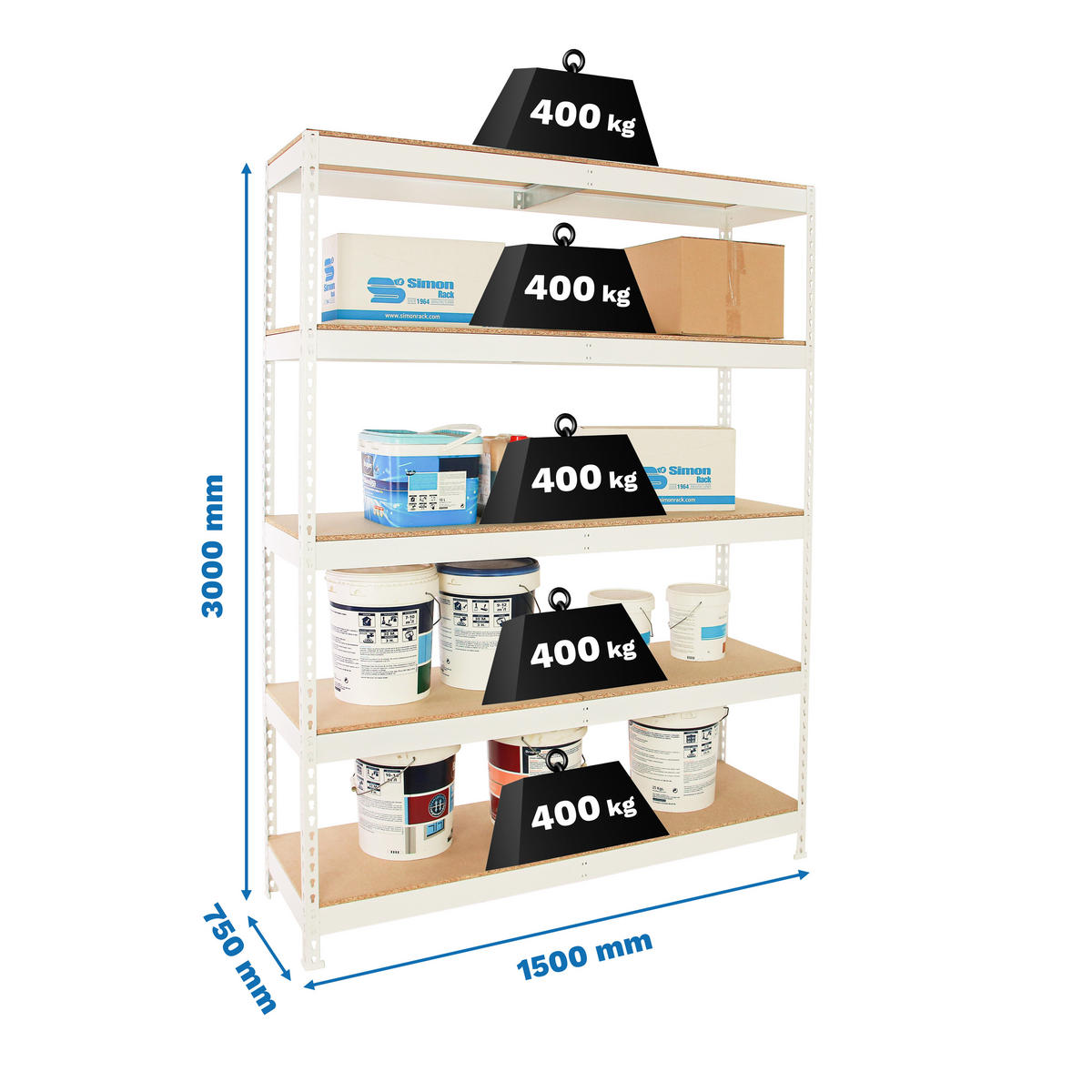 SCHWERLASTREGAL Extrem Wood Yeti Five HxBxT 300 x 150 x 75 cm Fachlast 400 kg Weiß - Weiß, Metall (150/300/75cm) - PROREGAL