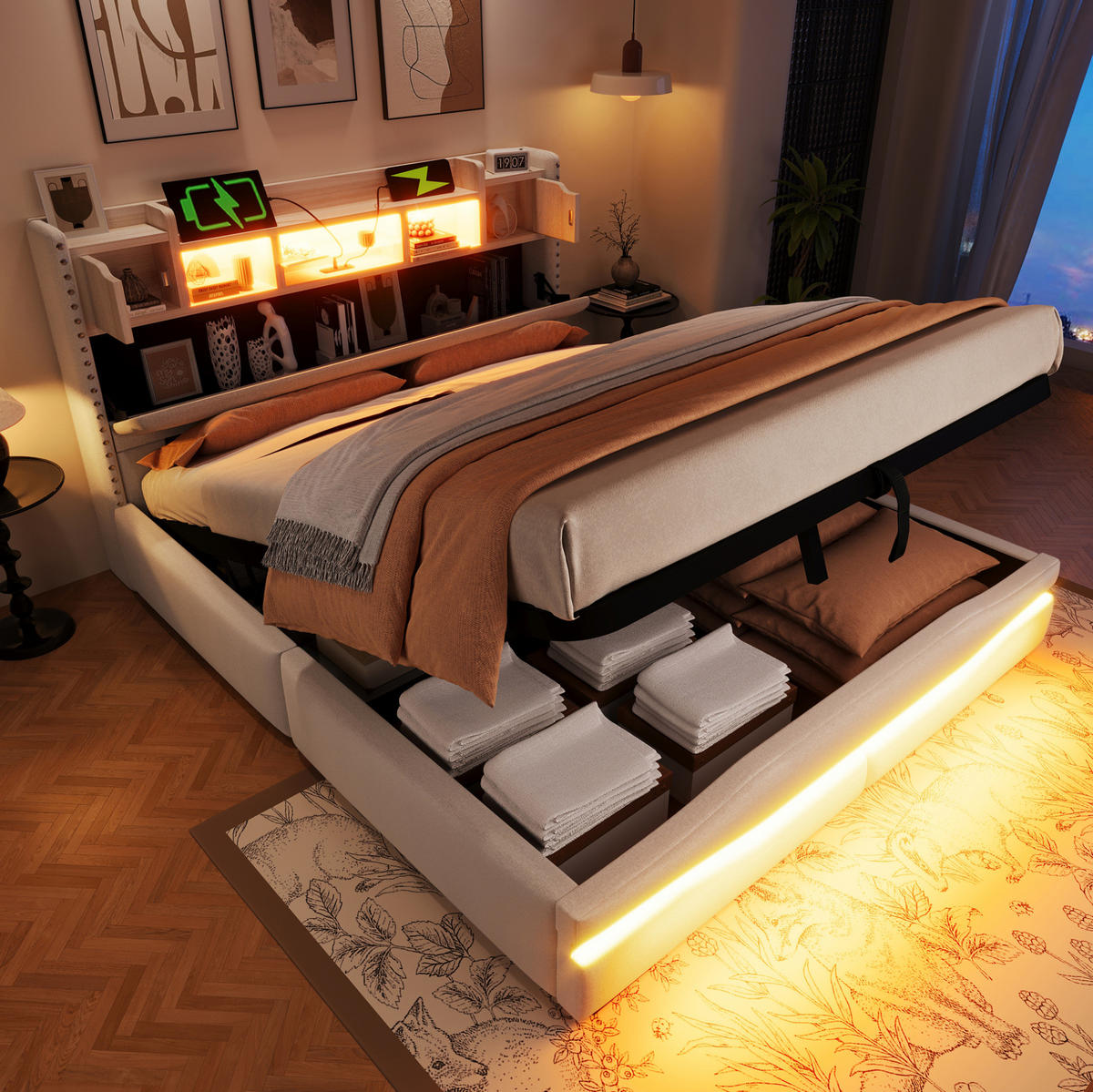 POLSTERBETT 160/200 cm Beige aus Leinen mit LED-Beleuchtung und Stauraum - Beige, Textil (160/200cm) - OKMYHOME