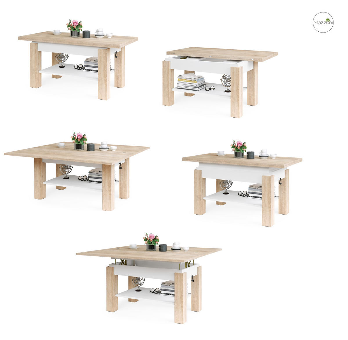 COUCHTISCH rechteckig Sonoma Eiche - Weiß ausziehbar höhenverstellbar - Weiß/Sonoma Eiche, Holzwerkstoff (65/130/60cm) - designimpex