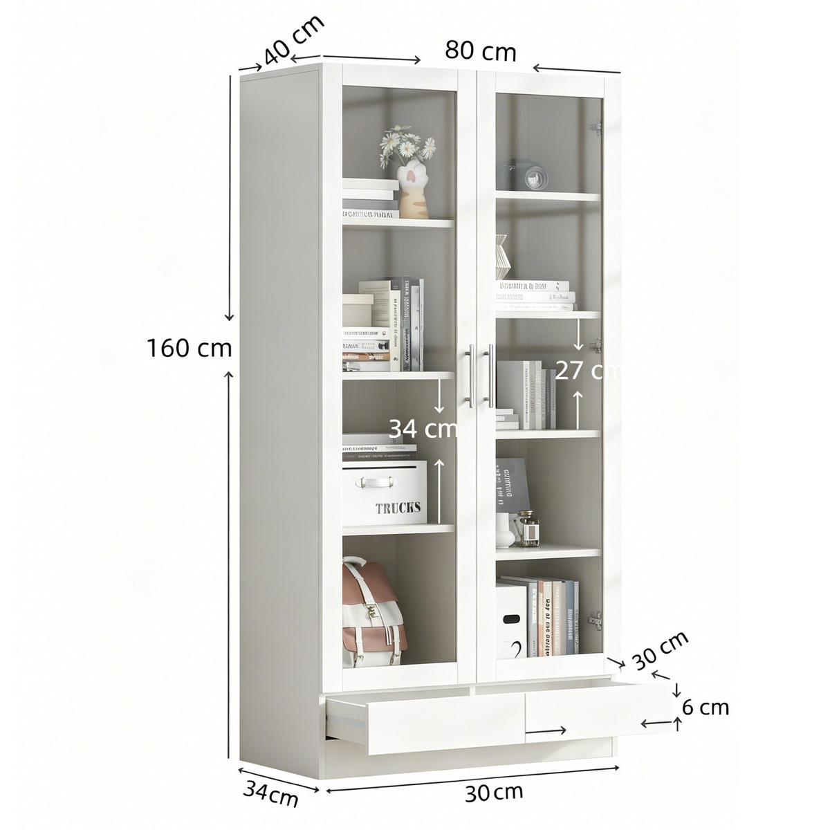 VITRINE in Weiß mit Schubladen und Glastüren für Wohnzimmer und Büro, B80/T40/H160 cm - Weiß, Glas/Holzwerkstoff (80/160/40cm) - STILVORA