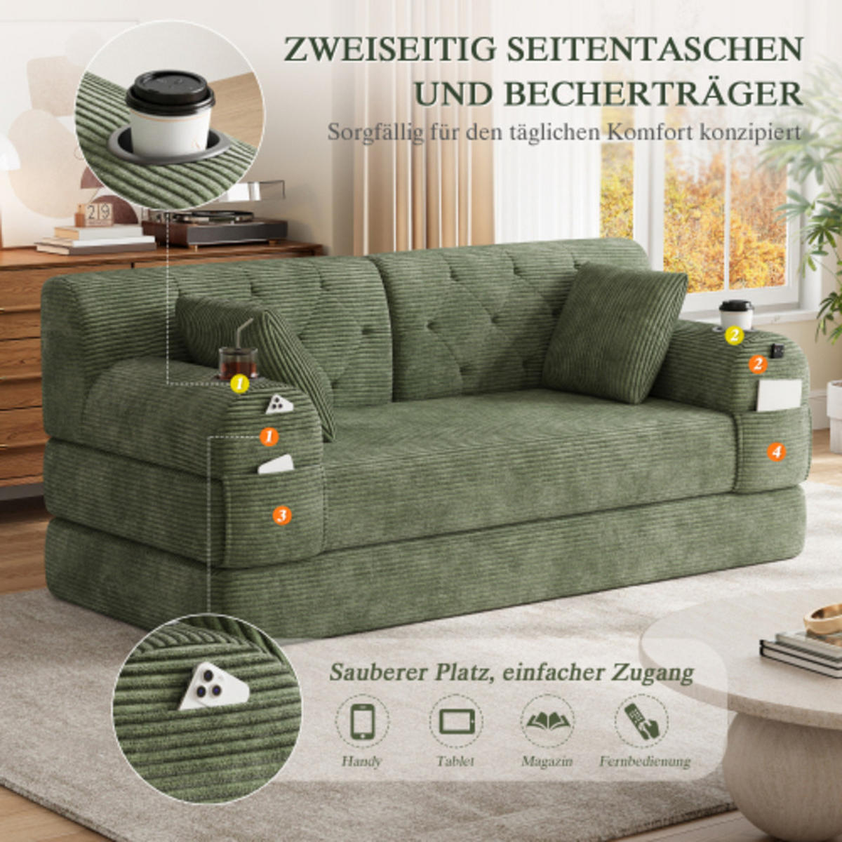 SCHLAFSOFA mit Metallrahmen grün 168×80×81 cm aus Cordstoff - Grün, Textil (80/81/168cm) - Luhomfu