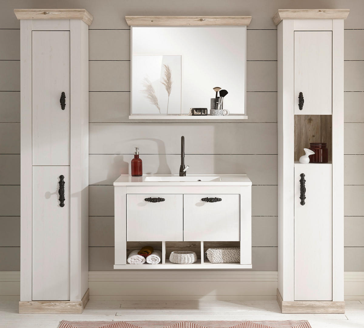 BADKOMBINATION Pinie weiß, Oslo Pinie, Landhaus Badmöbel Set 5-tlg. hängend MIT Waschbecken 205 x 200 cm - Anthrazit/Weiß, Holzwerkstoff/Metall (205/200/46cm) - Furn.Design