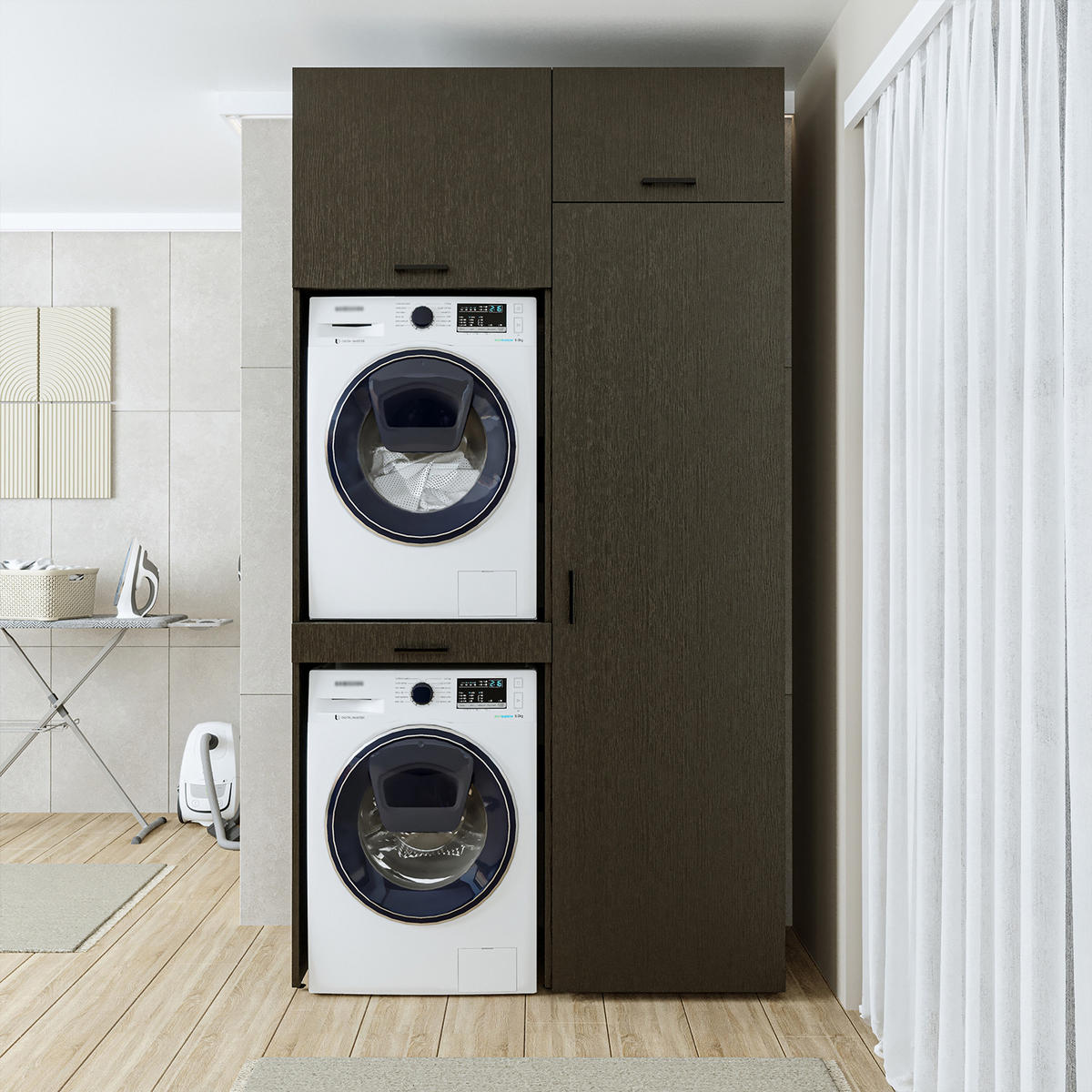 WASCHMASCHINENSCHRANK DUO-I 127cm Breit, 240cm Hoch - Schwarz, Holzwerkstoff (127/240/67cm)