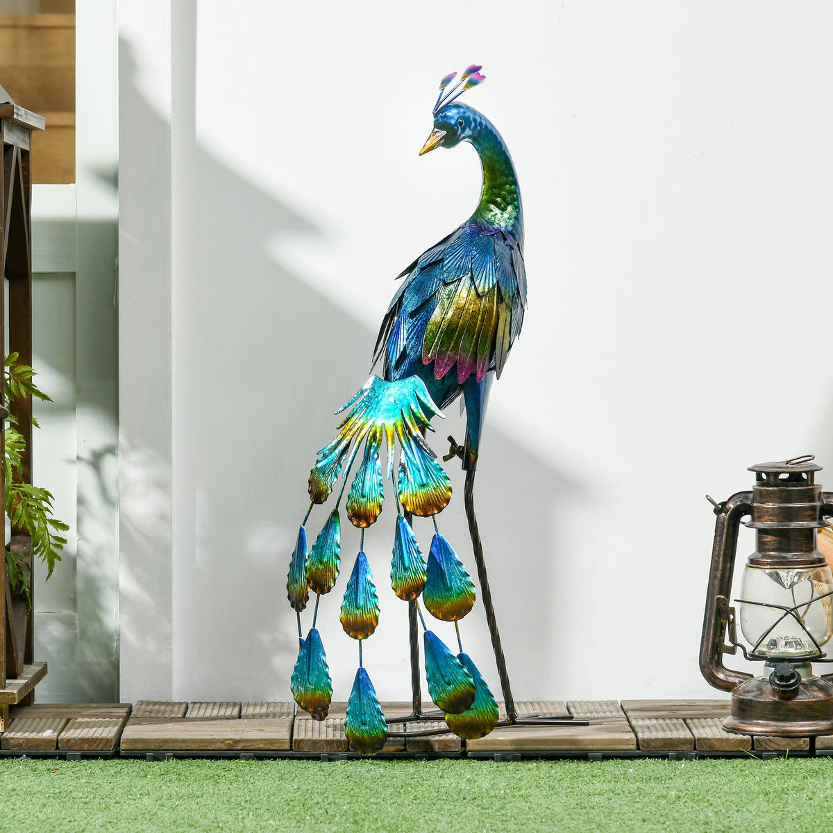 GARTENSTATUE Pfau, 59 cm Gartenfigur, Skulptur für Balkon, Terrasse - Blau, Metall (25/59/29cm) - Outsunny
