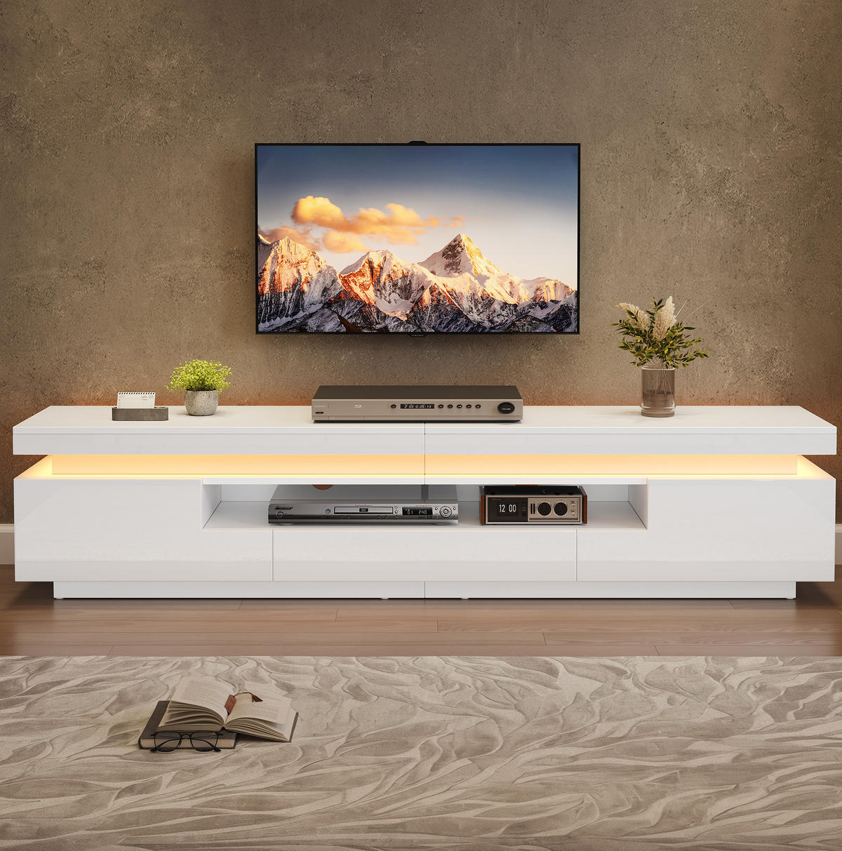 TV-LOWBOARD aus Spanplatte 175x38x45 cm Weiß mit LED-Beleuchtung, 2 Schränken, 1 Schublade und Hochglanzfront - Weiß, Holzwerkstoff (175/45/38cm) - Modfu