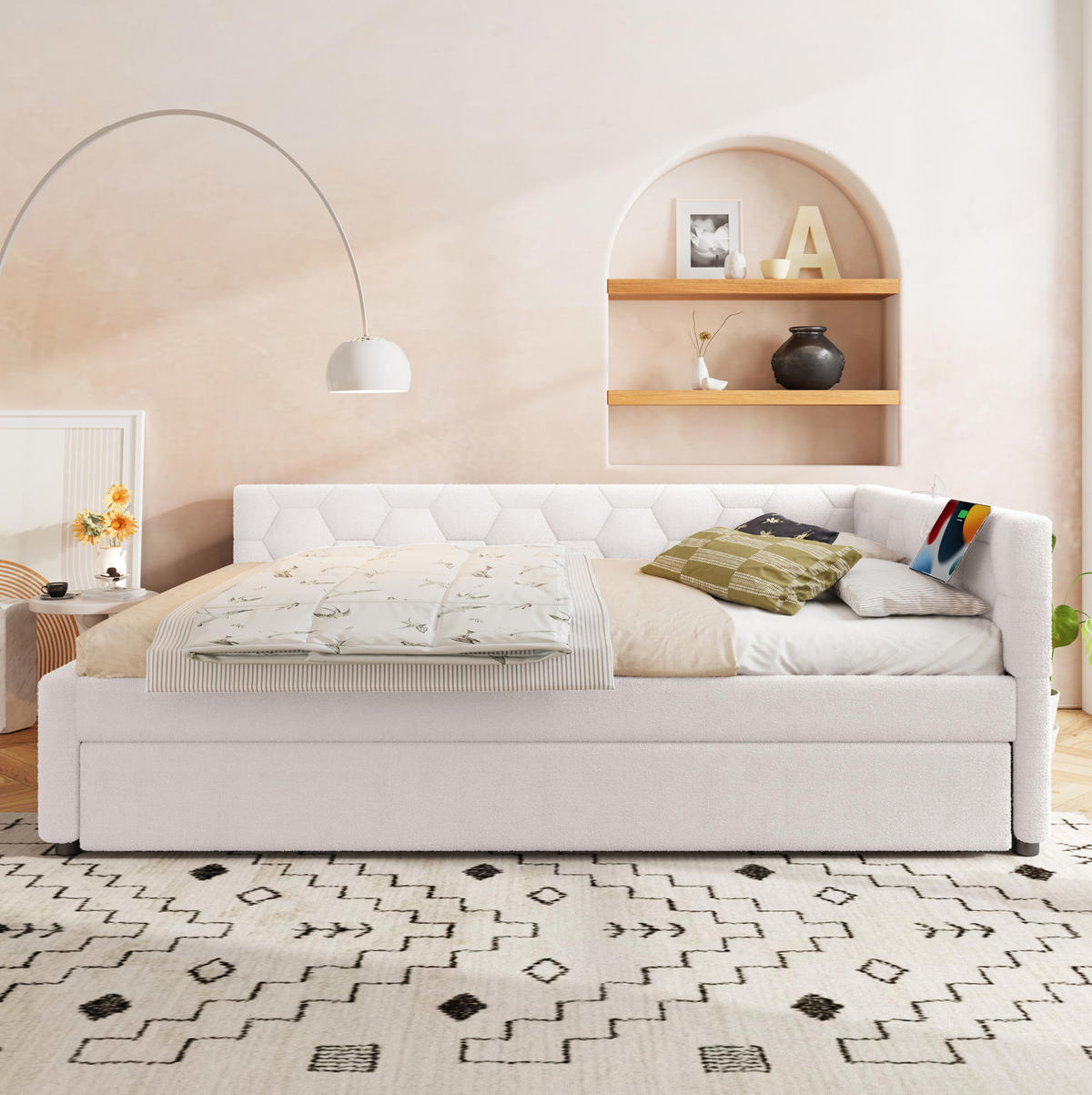 TAGESBETT 140/200 cm mit Ausziehbett, USB- und USB-C-Anschluss, Nachttischlampe und Vliesimitat, Weiß - Weiß, Textil (140/200cm) - Redom