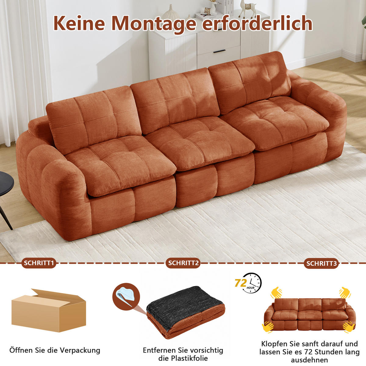 3-SITZER-SOFA, minimalistisch, Chenille-Orange - Orange, Textil (97/68/264cm) - KOMHTOM