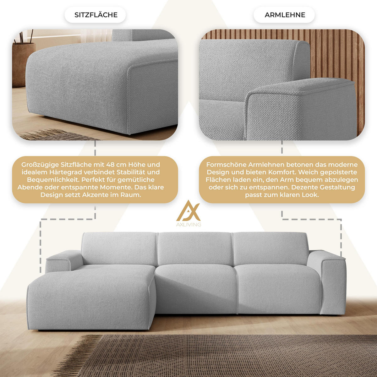 ECKSOFA L Form Didim mini Hellgrau 310/165/78 cm – stilvolle kleine Eckcouch L - Hellgrau/Schwarz, Kunststoff/Textil (165/310cm) - AX Living