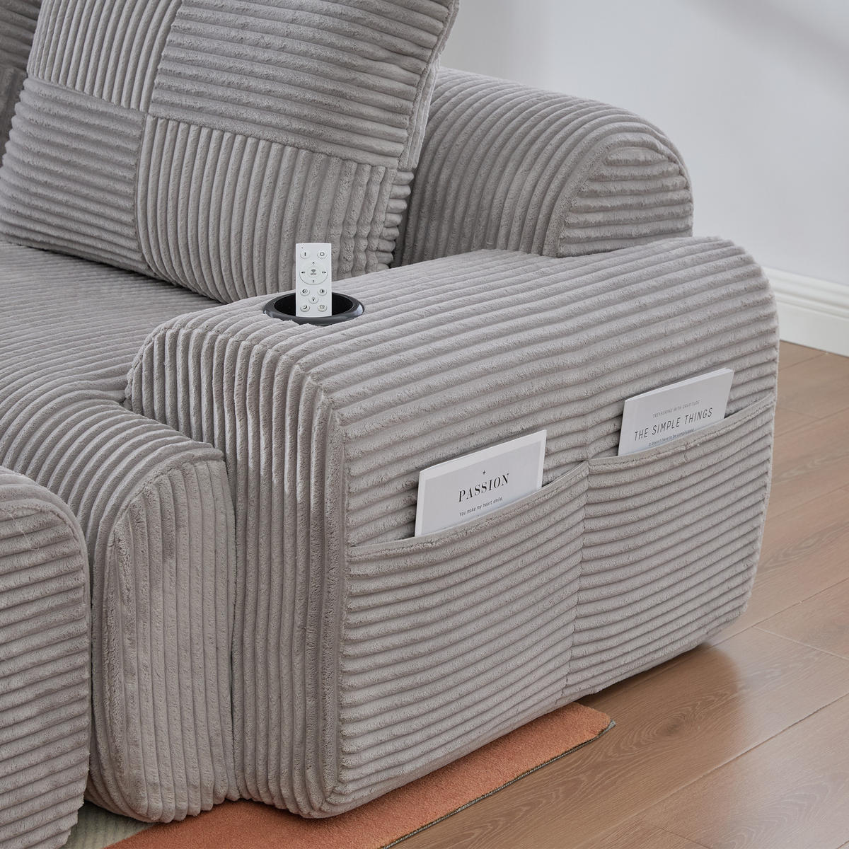 2-SITZER-SOFA aus Cord 200x99x80 cm mit Cupholder & Seitentasche, hellgrau - Hellgrau, Textil (99/80/200cm)