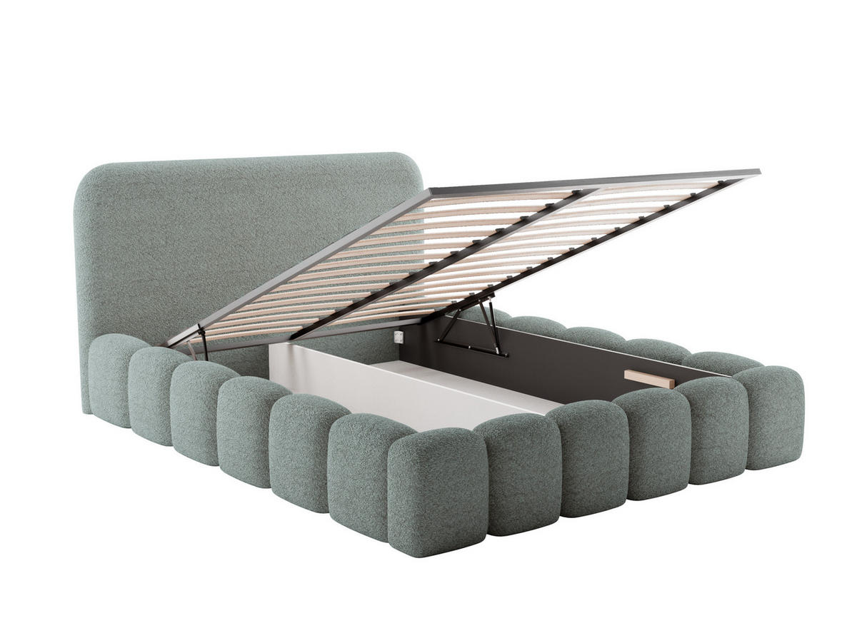 POLSTERBETT MONI 140x200 mit Bettkasten und Lattenrost – Bouclé Stoff MONTE Mintgrün - Weiß, Textil (140/200cm) - Luxkor24